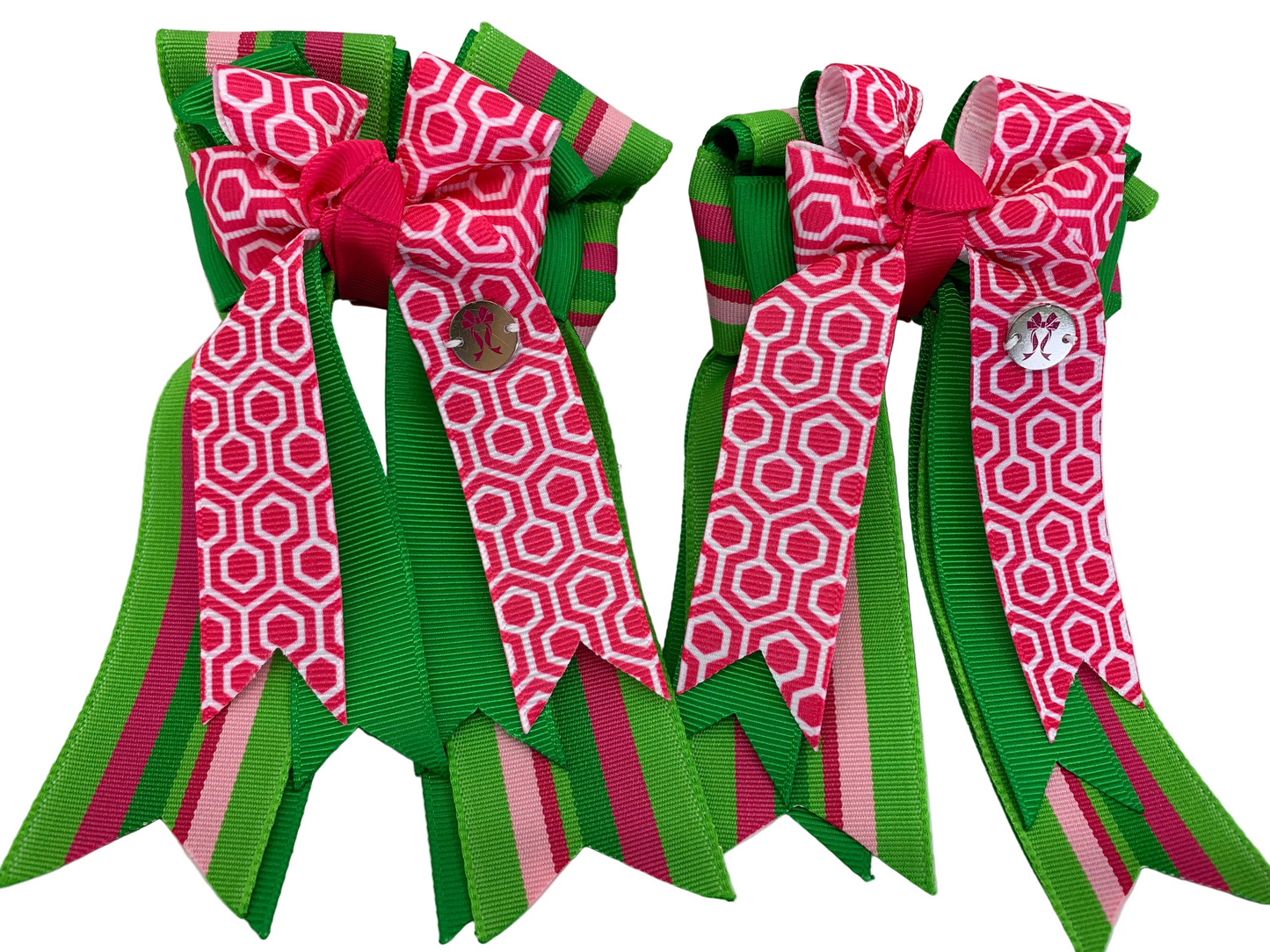 PonyTail Bows 3" Tails PonyTail Bows- Pink Maze Green Stripes equestrian team apparel online tack store mobile tack store custom farm apparel custom show stable clothing equestrian lifestyle horse show clothing riding clothes PonyTail Bows | Equestrian Hair Accessories horses equestrian tack store