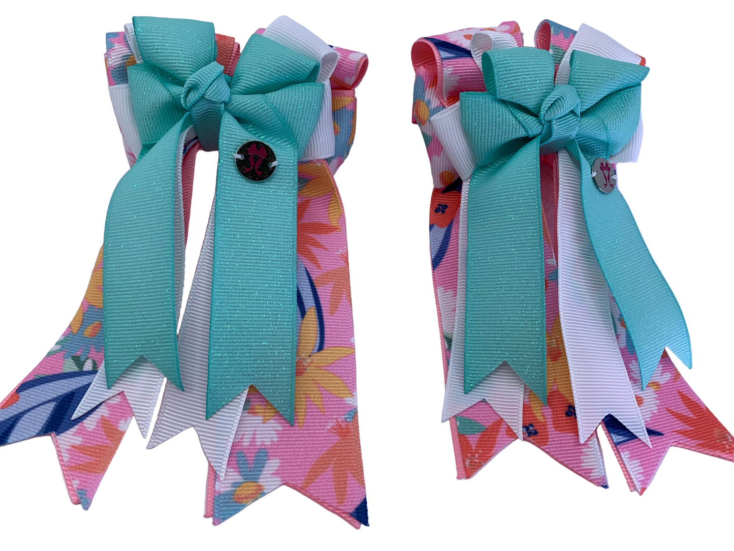 PonyTail Bows 3" Tails PonyTail Bows- Mint Glitter Floral equestrian team apparel online tack store mobile tack store custom farm apparel custom show stable clothing equestrian lifestyle horse show clothing riding clothes PonyTail Bows | Equestrian Hair Accessories horses equestrian tack store