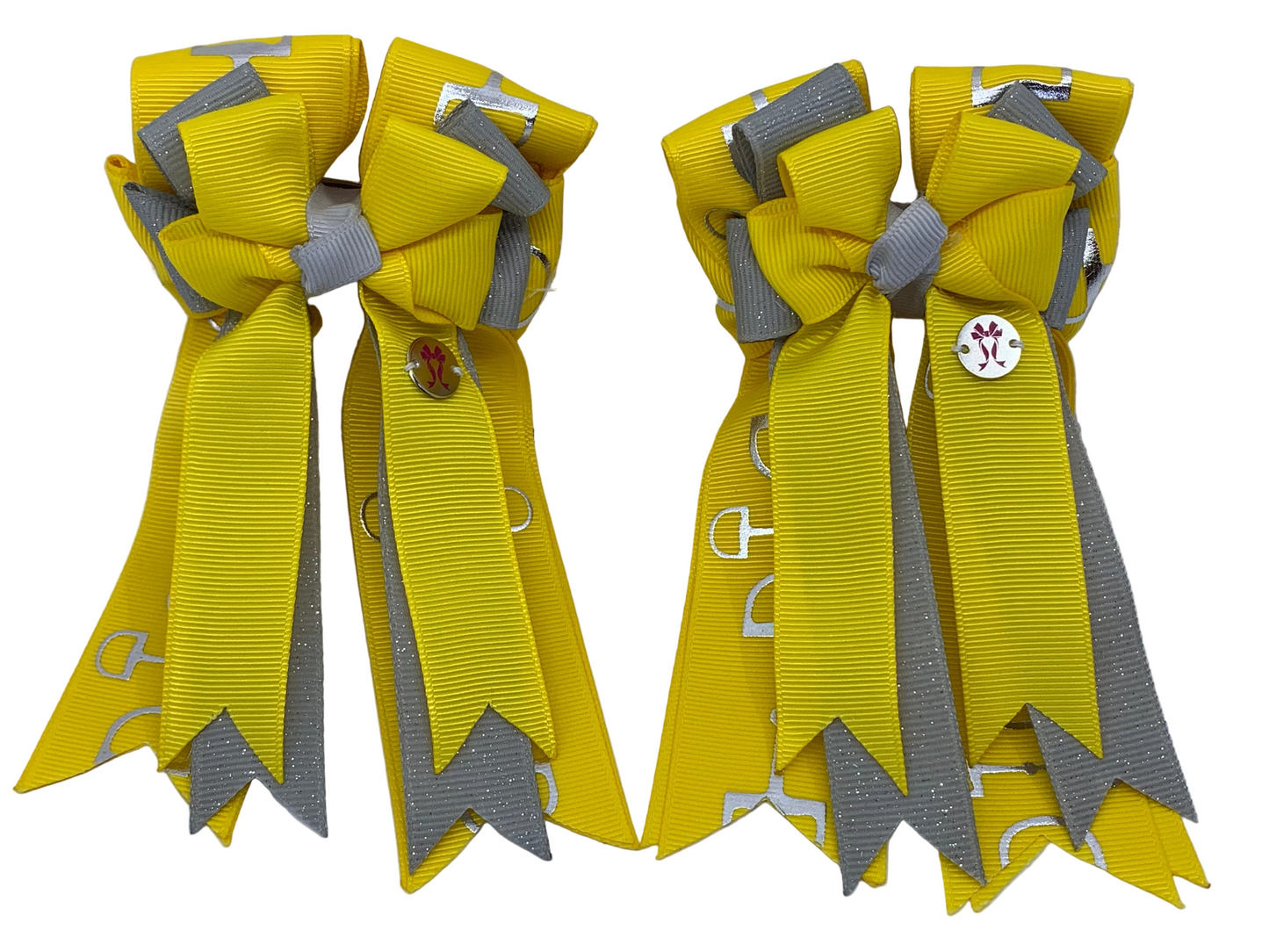 PonyTail Bows 3" Tails PonyTail Bows- Yellow/Gray Bits equestrian team apparel online tack store mobile tack store custom farm apparel custom show stable clothing equestrian lifestyle horse show clothing riding clothes PonyTail Bows | Equestrian Hair Accessories horses equestrian tack store