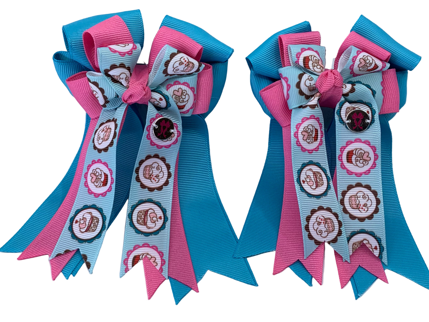 PonyTail Bows 3" Tails PonyTail Bows- Blue/Pink Cupcakes equestrian team apparel online tack store mobile tack store custom farm apparel custom show stable clothing equestrian lifestyle horse show clothing riding clothes PonyTail Bows | Equestrian Hair Accessories horses equestrian tack store