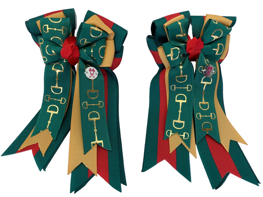 PonyTail Bows 3" Tails PonyTail Bows- Green Gold Striped Bits equestrian team apparel online tack store mobile tack store custom farm apparel custom show stable clothing equestrian lifestyle horse show clothing riding clothes PonyTail Bows | Equestrian Hair Accessories horses equestrian tack store
