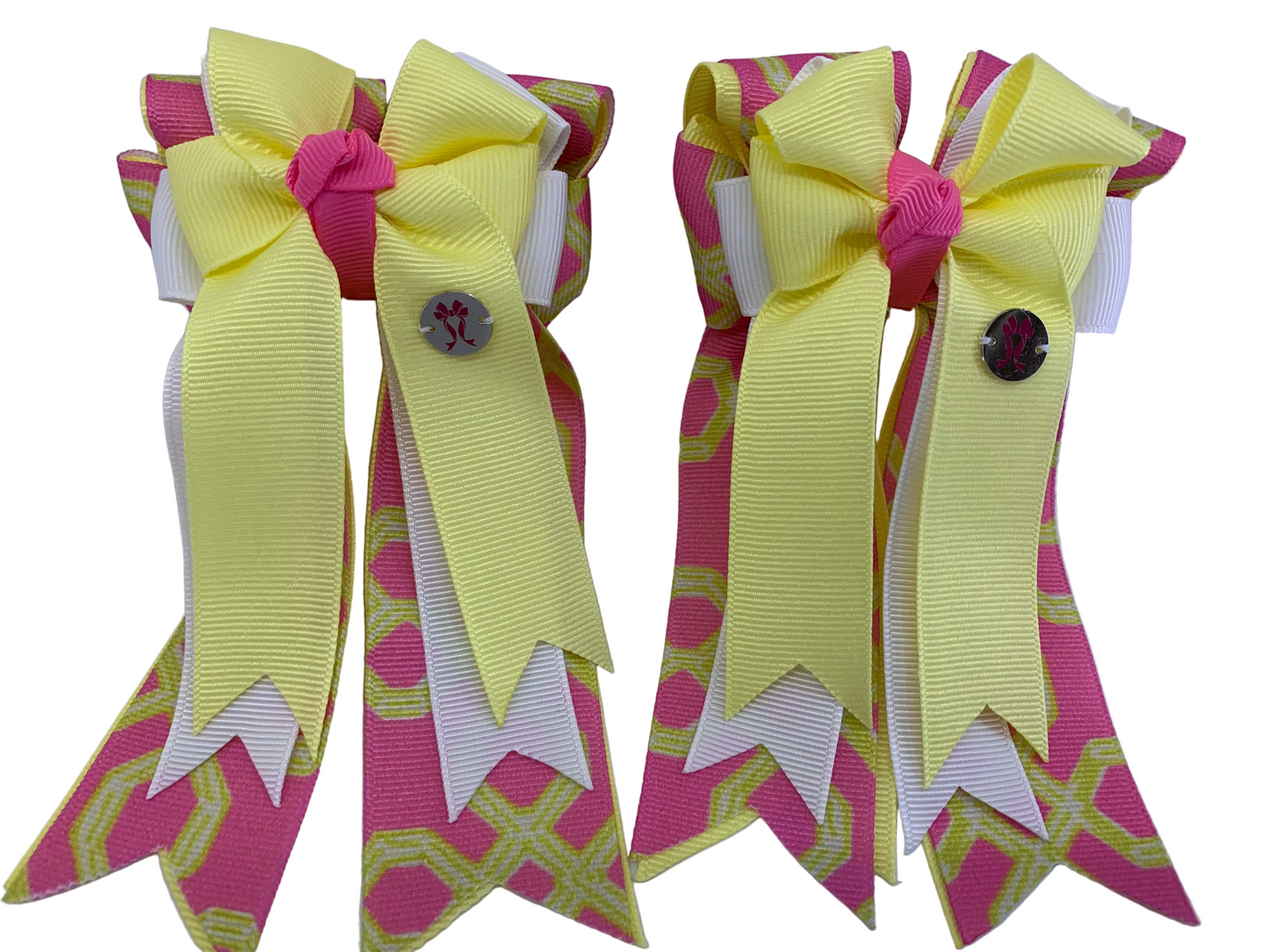PonyTail Bows 3" Tails PonyTail Bows-Yellow Pink Geometric equestrian team apparel online tack store mobile tack store custom farm apparel custom show stable clothing equestrian lifestyle horse show clothing riding clothes PonyTail Bows | Equestrian Hair Accessories horses equestrian tack store