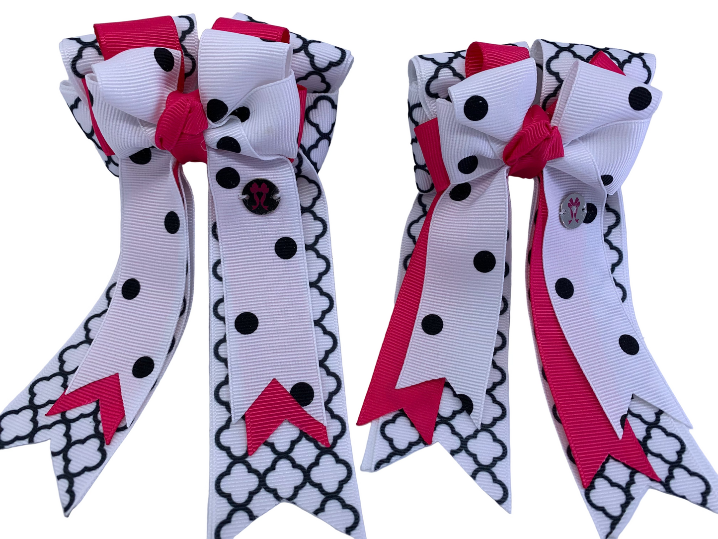 PonyTail Bows 3" Tails PonyTail Bows- White Black Motif/Hot Pink equestrian team apparel online tack store mobile tack store custom farm apparel custom show stable clothing equestrian lifestyle horse show clothing riding clothes PonyTail Bows | Equestrian Hair Accessories horses equestrian tack store