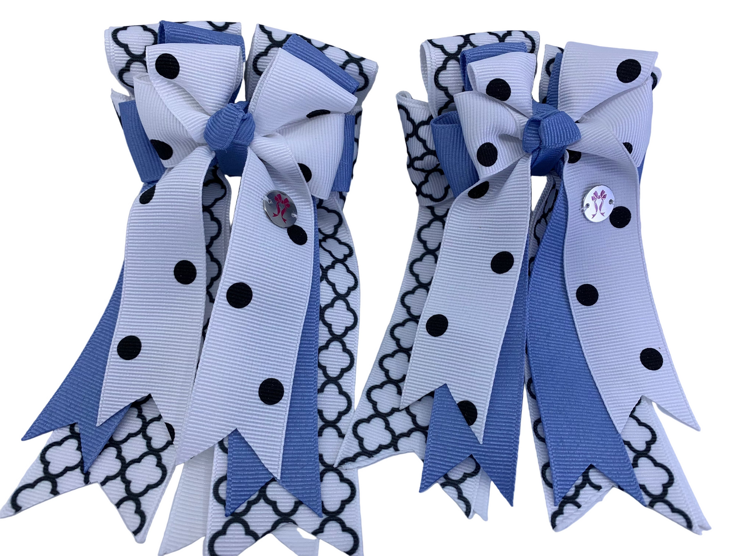 PonyTail Bows 3" Tails Copy of PonyTail Bows- White Black Motif/Blue equestrian team apparel online tack store mobile tack store custom farm apparel custom show stable clothing equestrian lifestyle horse show clothing riding clothes PonyTail Bows | Equestrian Hair Accessories horses equestrian tack store