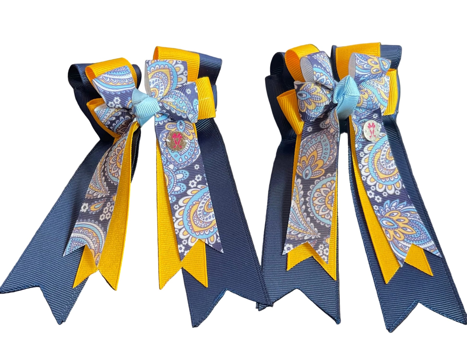 Ponytail Bows Online 3" Tails PonyTail Bows- Paisley (Navy/Marigold) equestrian team apparel online tack store mobile tack store custom farm apparel custom show stable clothing equestrian lifestyle horse show clothing riding clothes PonyTail Bows- Paisley (Navy/Marigold) horses equestrian tack store
