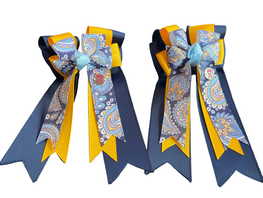 Ponytail Bows Online 3" Tails PonyTail Bows- Paisley (Navy/Marigold) equestrian team apparel online tack store mobile tack store custom farm apparel custom show stable clothing equestrian lifestyle horse show clothing riding clothes PonyTail Bows- Paisley (Navy/Marigold) horses equestrian tack store