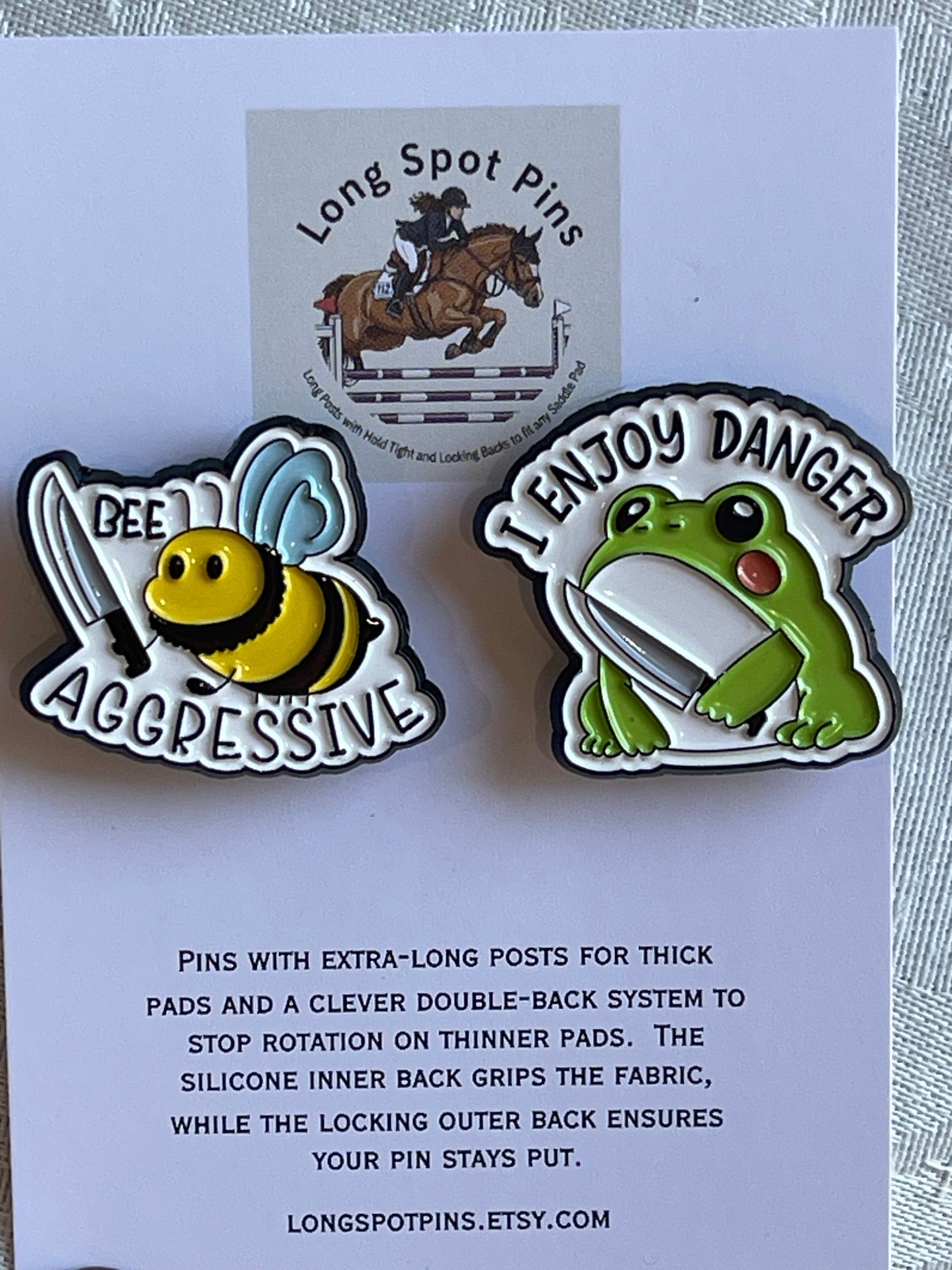Long Spot Pins Bee Aggressive/I Enjoy Danger Long Spot Pins- Number Pins equestrian team apparel online tack store mobile tack store custom farm apparel custom show stable clothing equestrian lifestyle horse show clothing riding clothes Long Spot Pins- Number Pins horses equestrian tack store