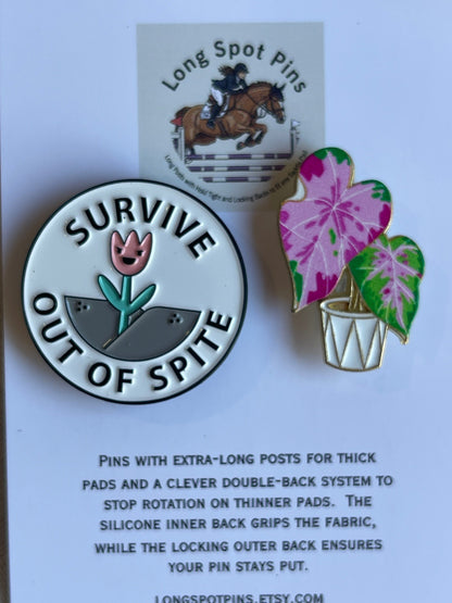 Long Spot Pins Survive Out Of Spite (Pink Caladium) Long Spot Pins- Number Pins equestrian team apparel online tack store mobile tack store custom farm apparel custom show stable clothing equestrian lifestyle horse show clothing riding clothes Long Spot Pins- Number Pins horses equestrian tack store