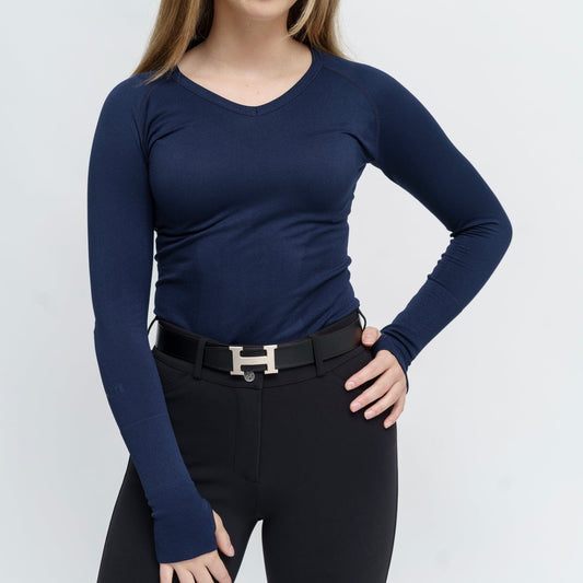TKEQ Women's Casual Shirt XS/S TKEQ- Kennedy Seamless Long Sleeve  V Neck (Navy) equestrian team apparel online tack store mobile tack store custom farm apparel custom show stable clothing equestrian lifestyle horse show clothing riding clothes TKEQ- Kennedy Seamless Long Sleeve  V Neck (Navy) horses equestrian tack store
