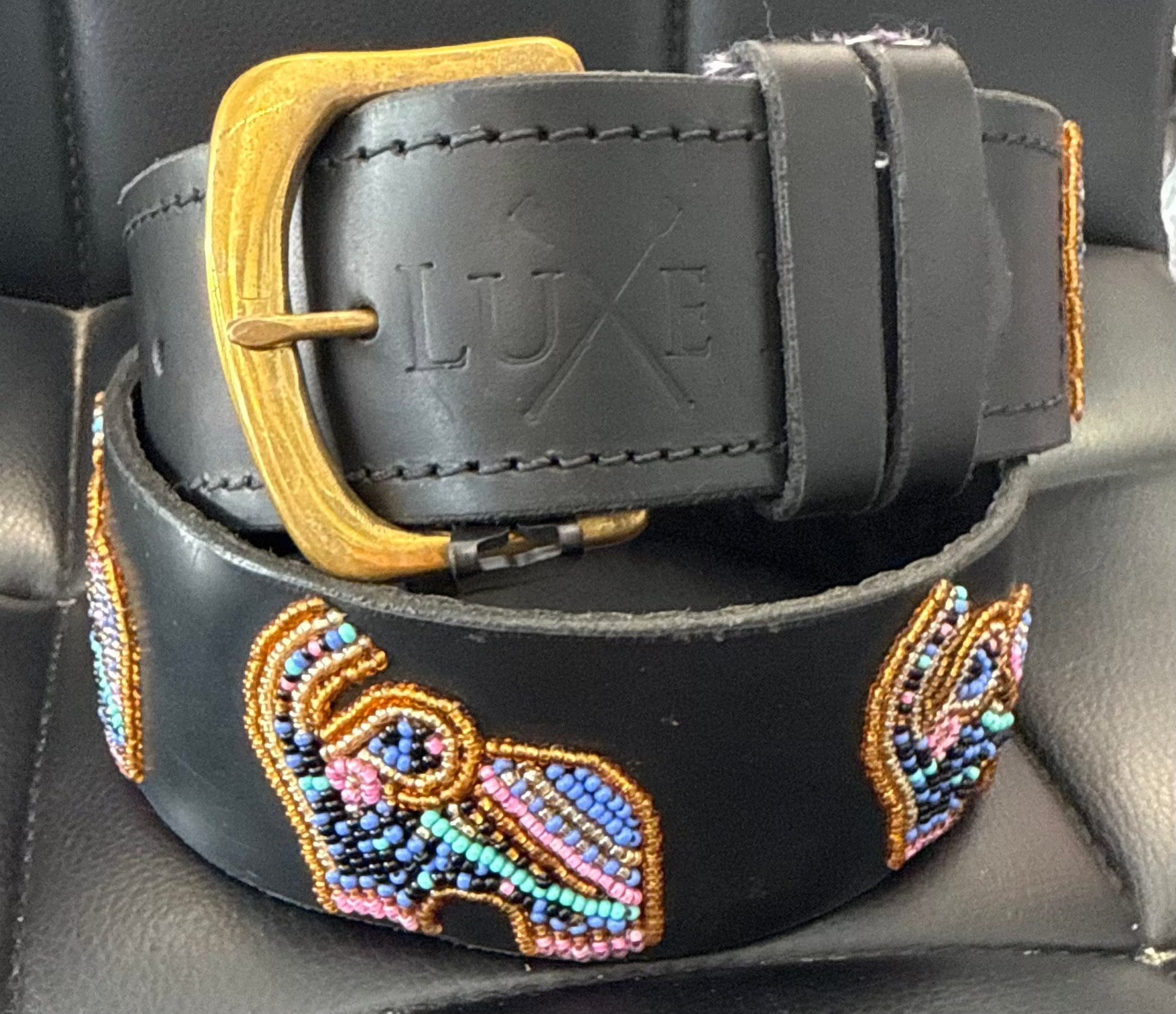 Zinj Designs Elephant Pink/Blue Belt- 1.75" Beaded Assorted Designs XS/S equestrian team apparel online tack store mobile tack store custom farm apparel custom show stable clothing equestrian lifestyle horse show clothing riding clothes Belt- 1.75" Beaded Assorted Designs XS/S horses equestrian tack store