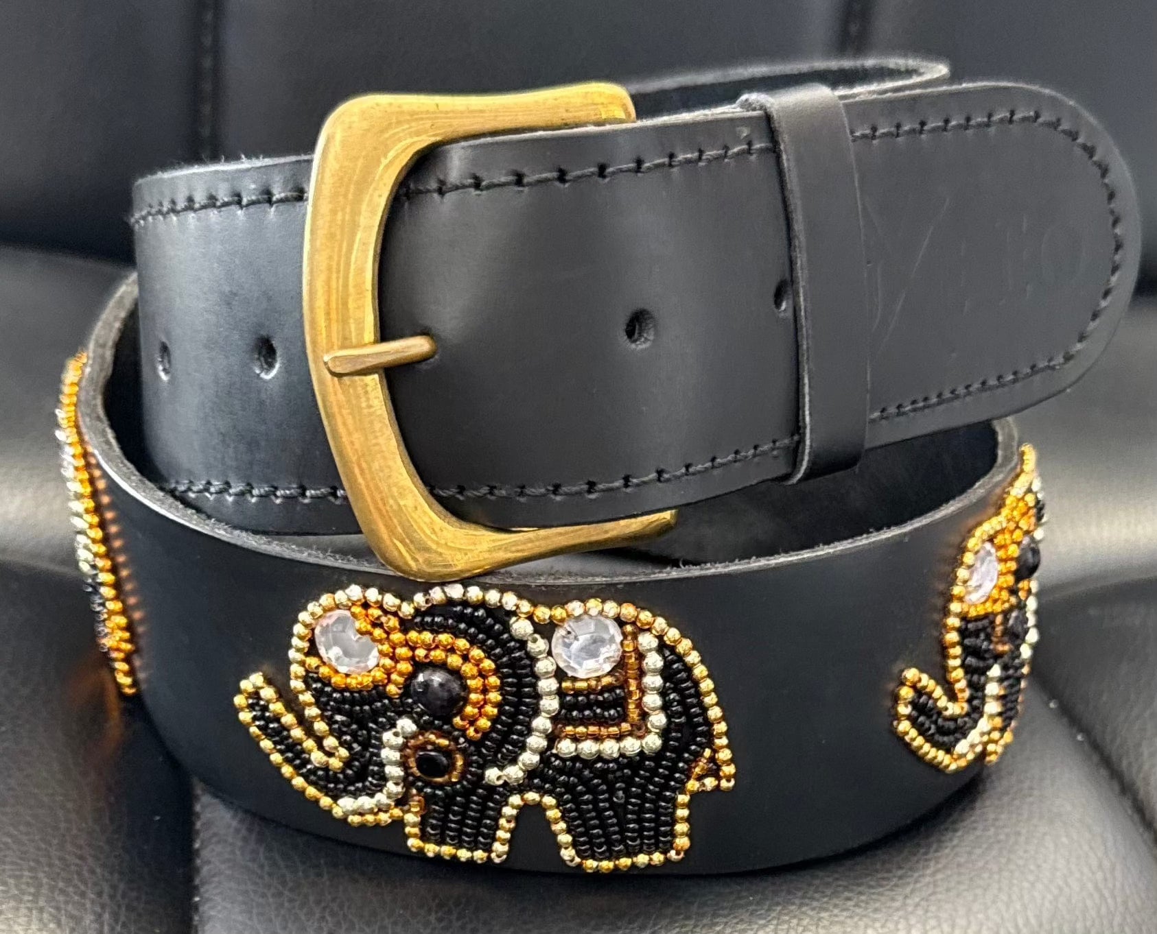 Zinj Designs Elephant Black Orange Belt- 1.75" Beaded Assorted Designs S equestrian team apparel online tack store mobile tack store custom farm apparel custom show stable clothing equestrian lifestyle horse show clothing riding clothes Belt- 1.75" Beaded Assorted Designs S horses equestrian tack store