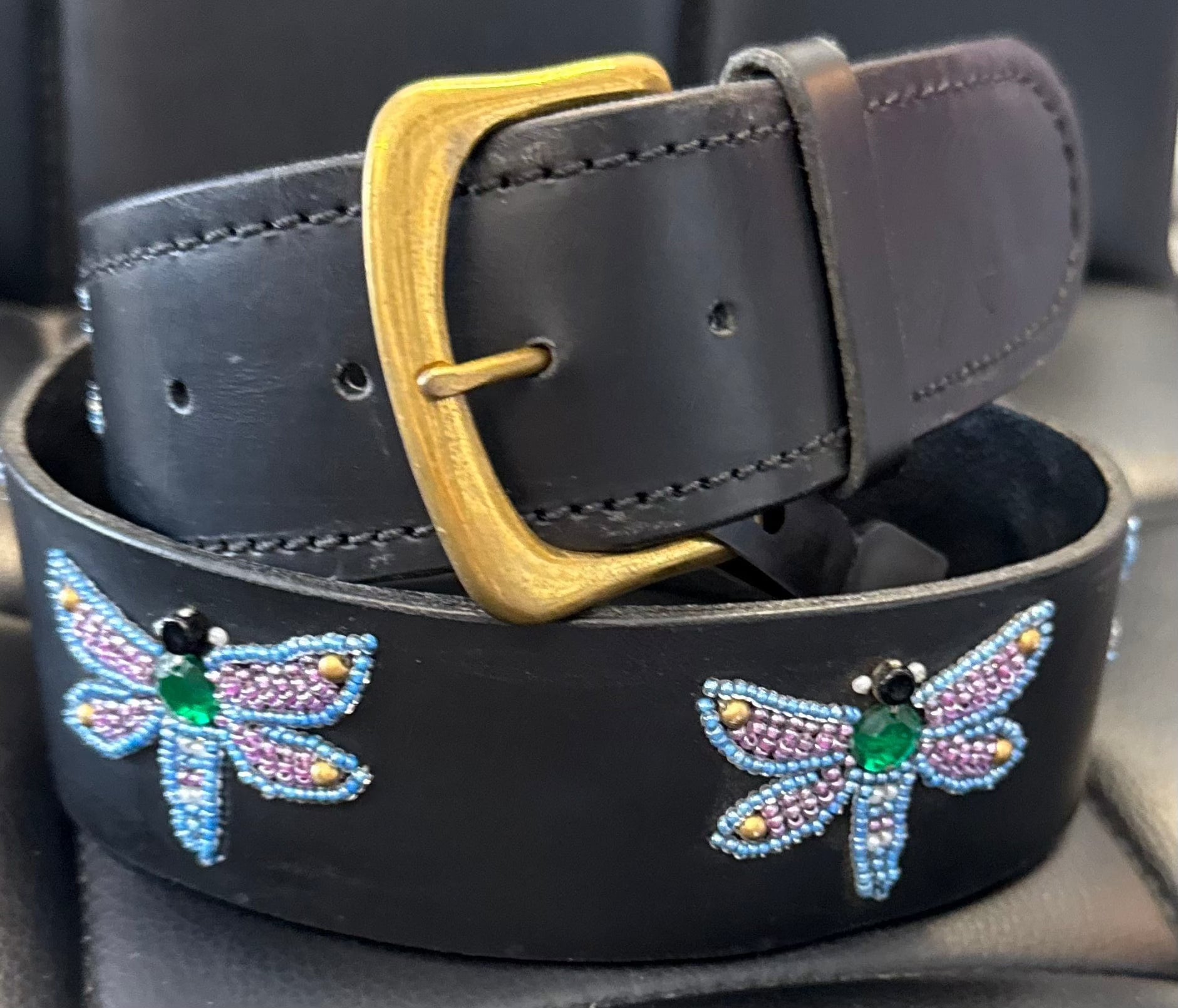 Zinj Designs Purple Dragonfly Belt- 1.75" Beaded Assorted Designs S/M equestrian team apparel online tack store mobile tack store custom farm apparel custom show stable clothing equestrian lifestyle horse show clothing riding clothes Belt- 1.75" Beaded Assorted Designs S/M horses equestrian tack store