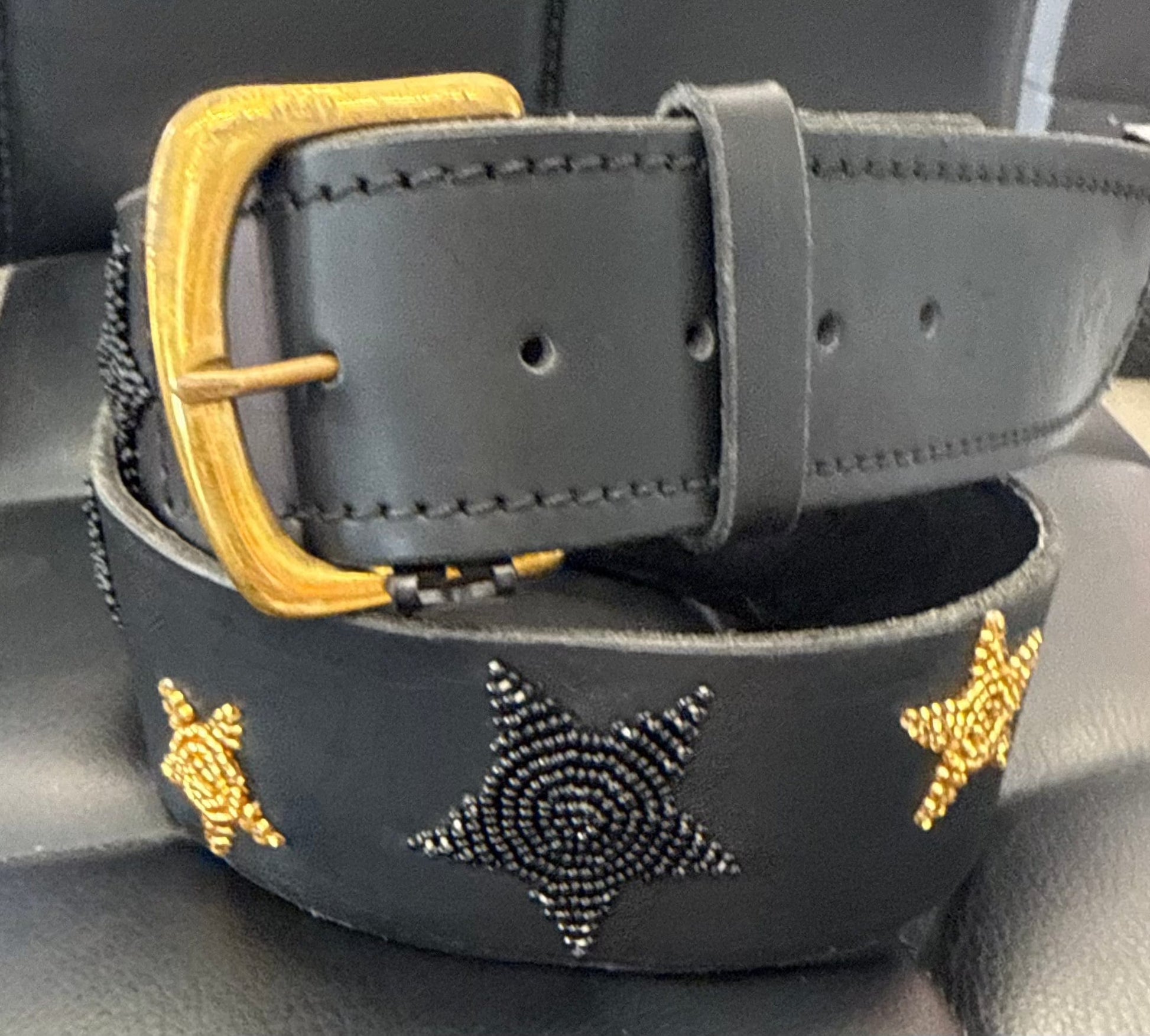Zinj Designs Black Gold Stars Belt- 1.75" Beaded Assorted Designs S/M equestrian team apparel online tack store mobile tack store custom farm apparel custom show stable clothing equestrian lifestyle horse show clothing riding clothes Belt- 1.75" Beaded Assorted Designs S/M horses equestrian tack store