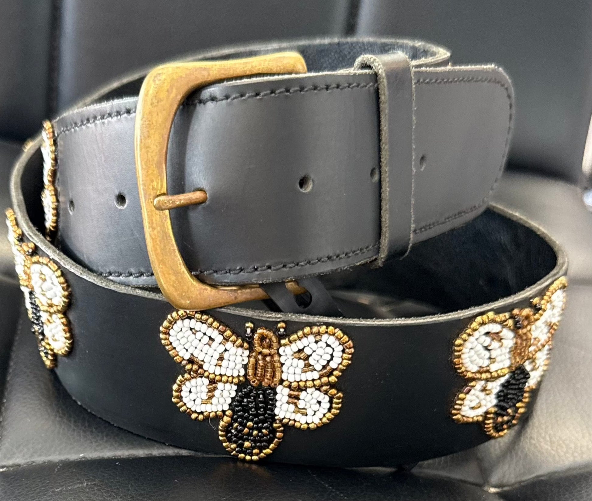 Zinj Designs Butterfly White Belt- 1.75" Beaded Assorted Designs M equestrian team apparel online tack store mobile tack store custom farm apparel custom show stable clothing equestrian lifestyle horse show clothing riding clothes Belt- 1.75" Beaded Assorted Designs M horses equestrian tack store
