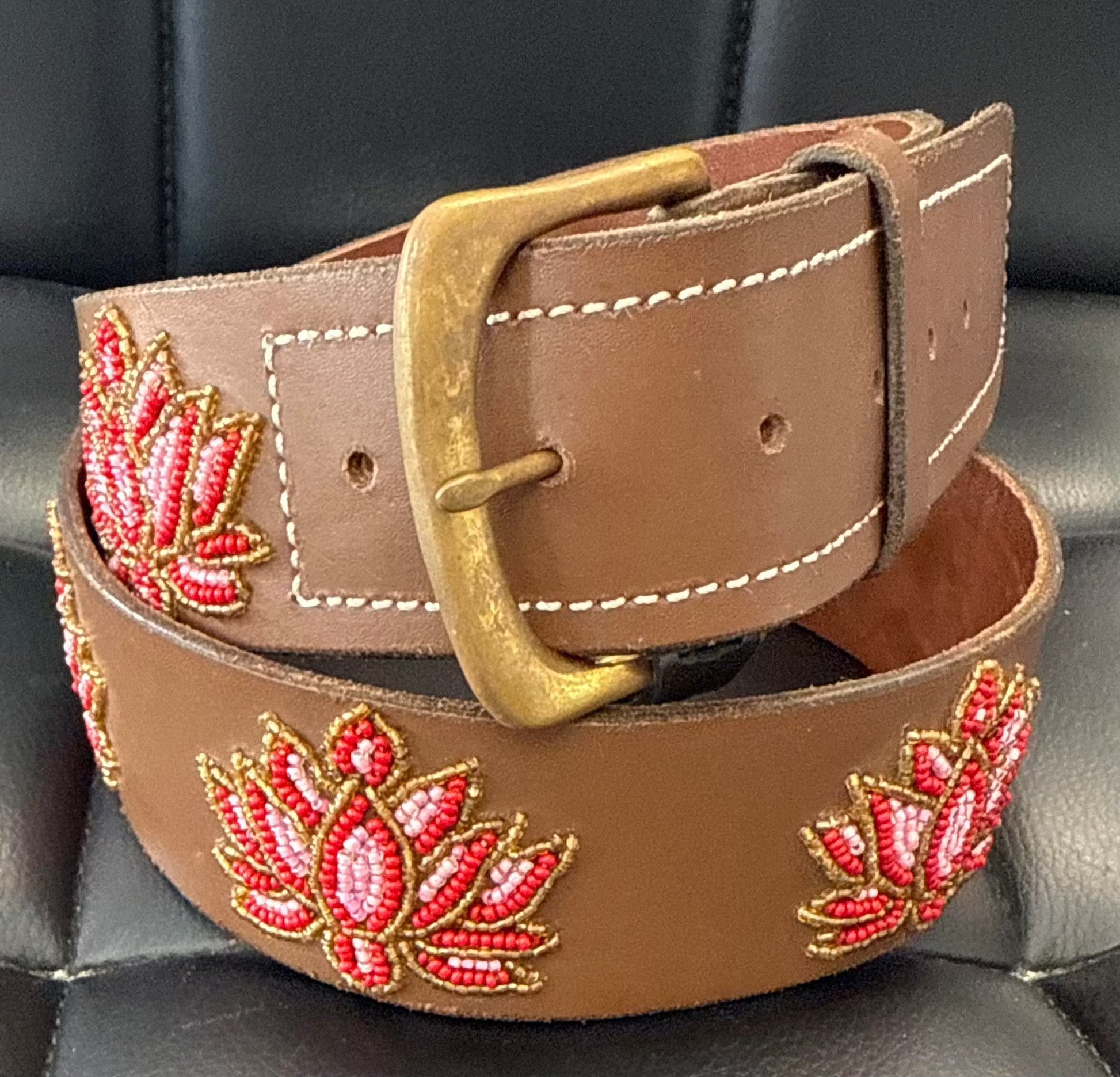 Zinj Designs Lotus on Brown Leather Belt- 1.75" Beaded Assorted Designs M/L equestrian team apparel online tack store mobile tack store custom farm apparel custom show stable clothing equestrian lifestyle horse show clothing riding clothes Belt- 1.75" Beaded Assorted Designs M/L horses equestrian tack store