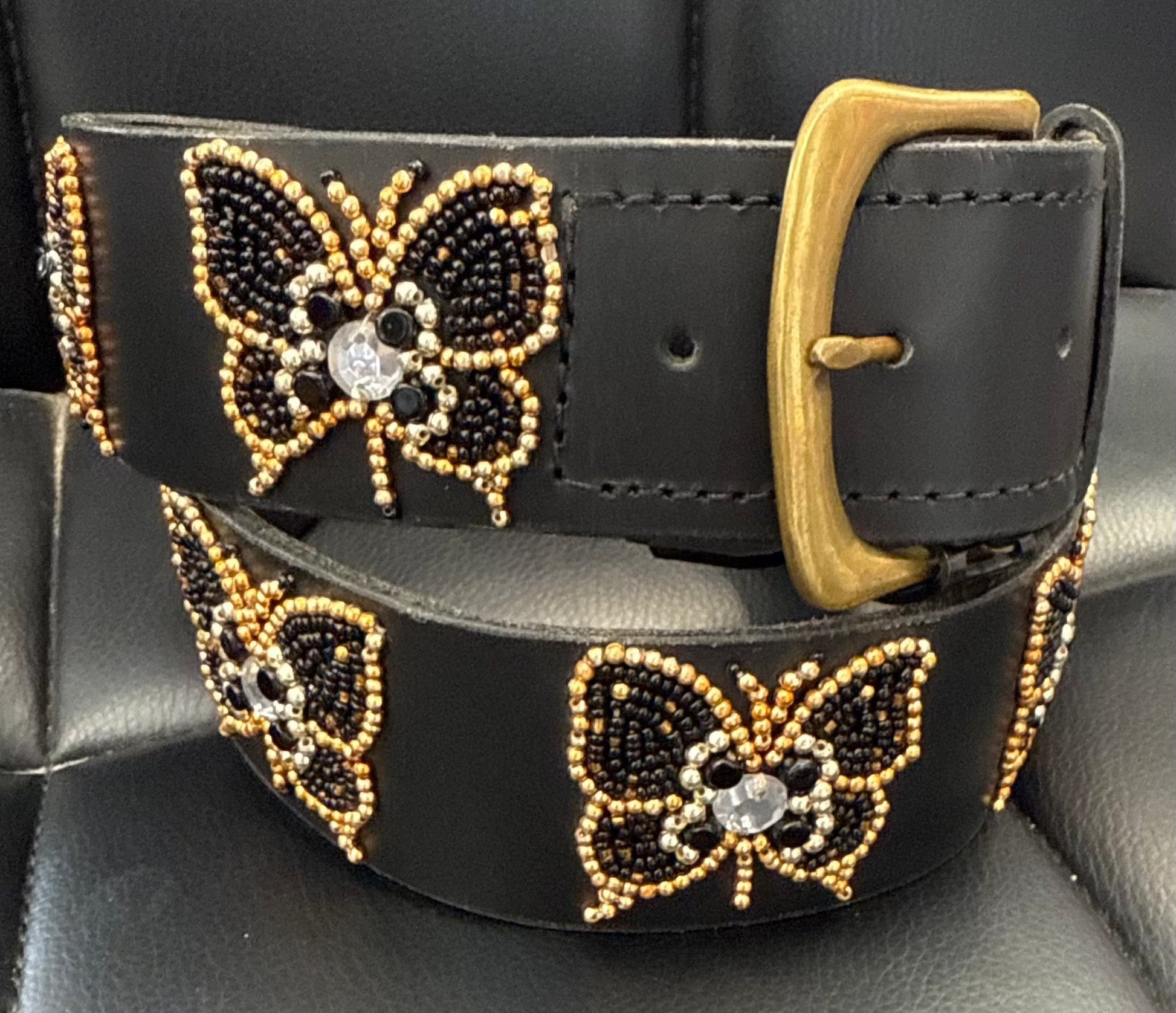 Zinj Designs Butterfly Black Gold Belt- 1.75" Beaded Assorted Designs M equestrian team apparel online tack store mobile tack store custom farm apparel custom show stable clothing equestrian lifestyle horse show clothing riding clothes Belt- 1.75" Beaded Assorted Designs M horses equestrian tack store