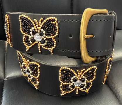 Zinj Designs Butterfly Black Gold Belt- 1.75" Beaded Assorted Designs M equestrian team apparel online tack store mobile tack store custom farm apparel custom show stable clothing equestrian lifestyle horse show clothing riding clothes Belt- 1.75" Beaded Assorted Designs M horses equestrian tack store