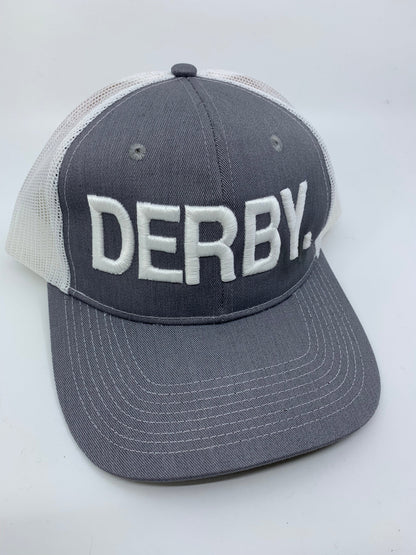 Equestrian Team Apparel Custom Team Hats Light Grey/White Trucker Cap-DERBY. equestrian team apparel online tack store mobile tack store custom farm apparel custom show stable clothing equestrian lifestyle horse show clothing riding clothes horses equestrian tack store