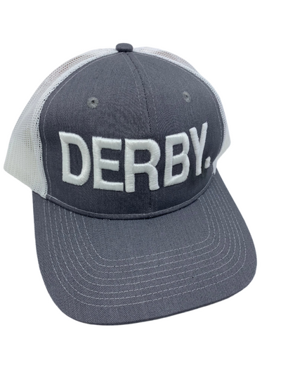 Equestrian Team Apparel Custom Team Hats Light Grey/White Trucker Cap-DERBY. equestrian team apparel online tack store mobile tack store custom farm apparel custom show stable clothing equestrian lifestyle horse show clothing riding clothes horses equestrian tack store
