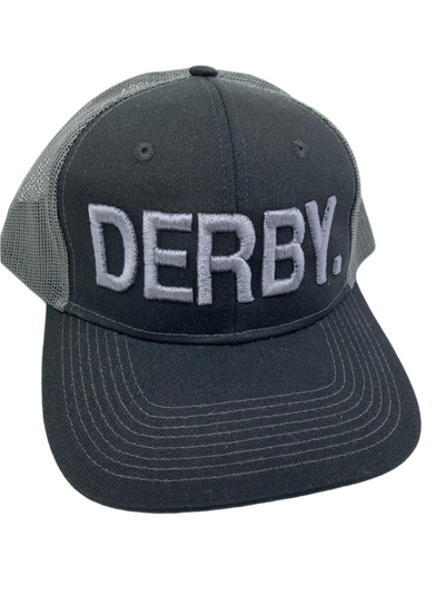 Equestrian Team Apparel Custom Team Hats Black/Grey Trucker Cap-DERBY. equestrian team apparel online tack store mobile tack store custom farm apparel custom show stable clothing equestrian lifestyle horse show clothing riding clothes horses equestrian tack store
