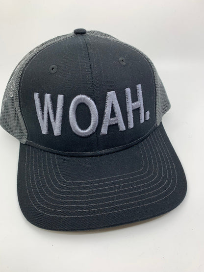 Equestrian Team Apparel Custom Team Hats Black/Grey Trucker Cap-WOAH. equestrian team apparel online tack store mobile tack store custom farm apparel custom show stable clothing equestrian lifestyle horse show clothing riding clothes horses equestrian tack store