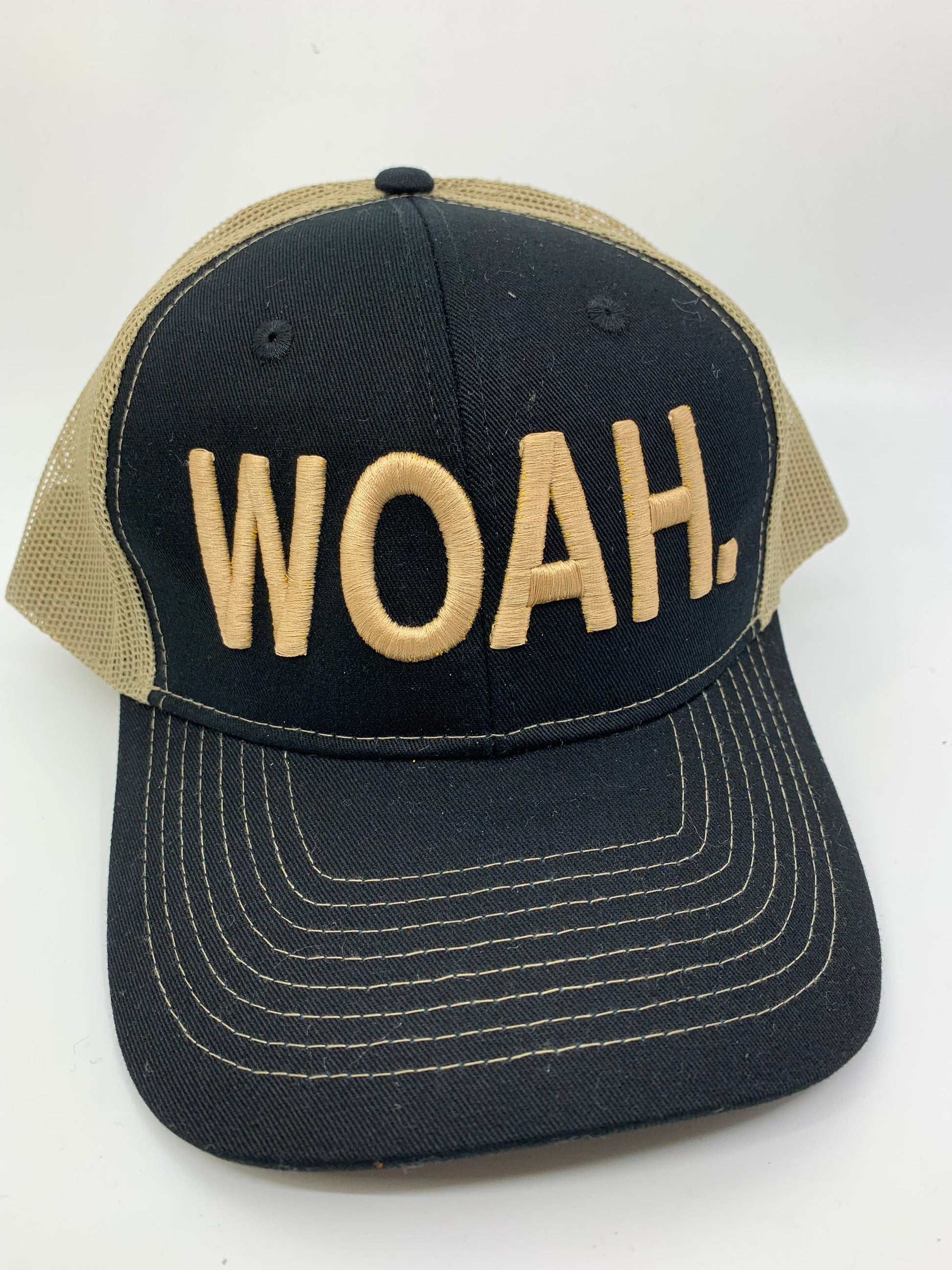 Equestrian Team Apparel Custom Team Hats Black/Khaki Trucker Cap-WOAH. equestrian team apparel online tack store mobile tack store custom farm apparel custom show stable clothing equestrian lifestyle horse show clothing riding clothes horses equestrian tack store