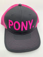 Equestrian Team Apparel Custom Team Hats Gray/Pink Trucker Cap-PONY. equestrian team apparel online tack store mobile tack store custom farm apparel custom show stable clothing equestrian lifestyle horse show clothing riding clothes horses equestrian tack store