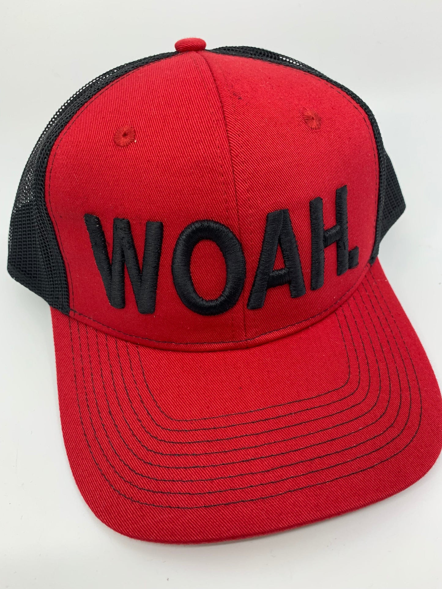 Equestrian Team Apparel Custom Team Hats Red/Black Trucker Cap-WOAH. equestrian team apparel online tack store mobile tack store custom farm apparel custom show stable clothing equestrian lifestyle horse show clothing riding clothes horses equestrian tack store