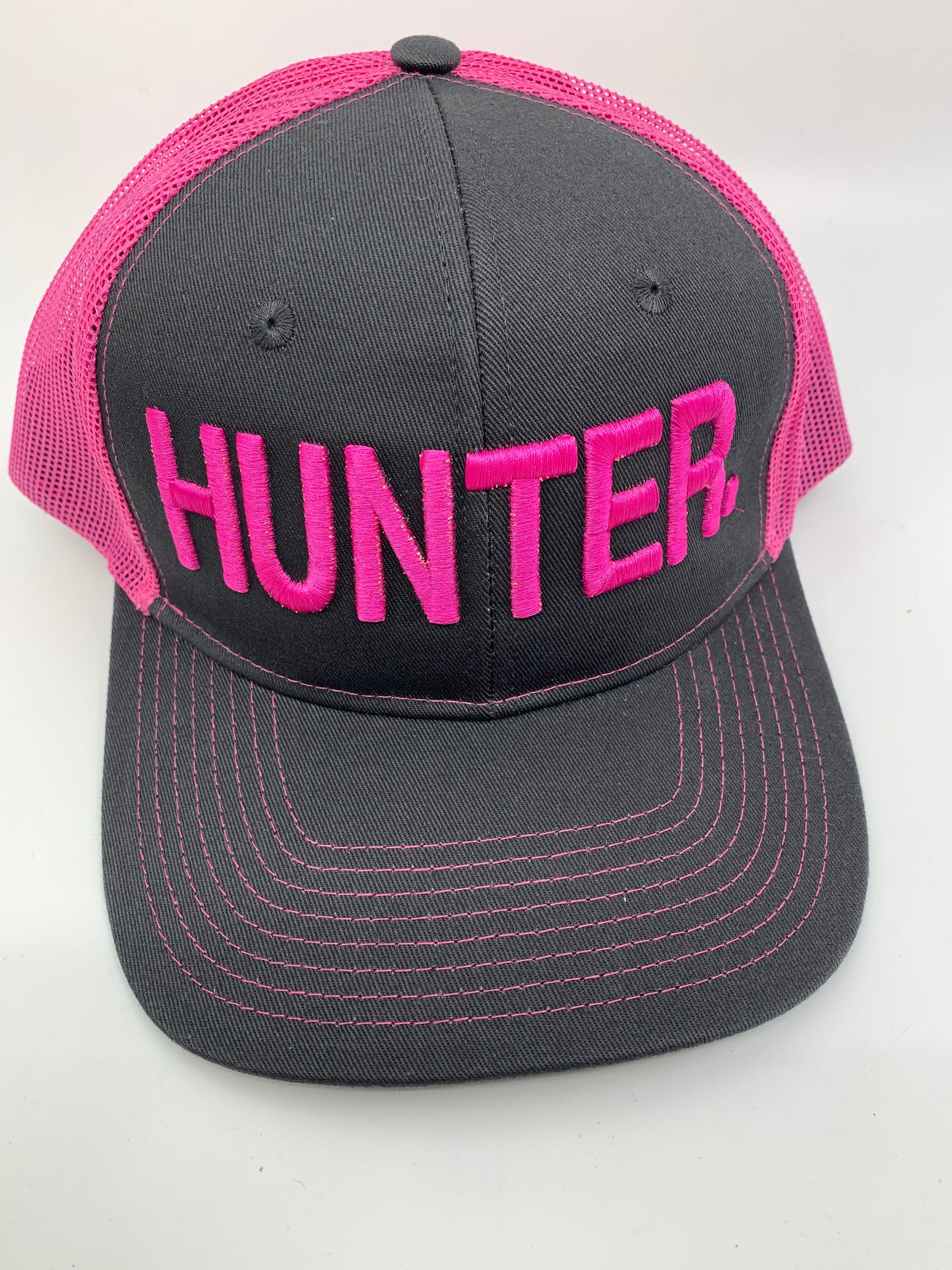 Equestrian Team Apparel Custom Team Hats Gray/Pink Trucker Cap-HUNTER. equestrian team apparel online tack store mobile tack store custom farm apparel custom show stable clothing equestrian lifestyle horse show clothing riding clothes horses equestrian tack store