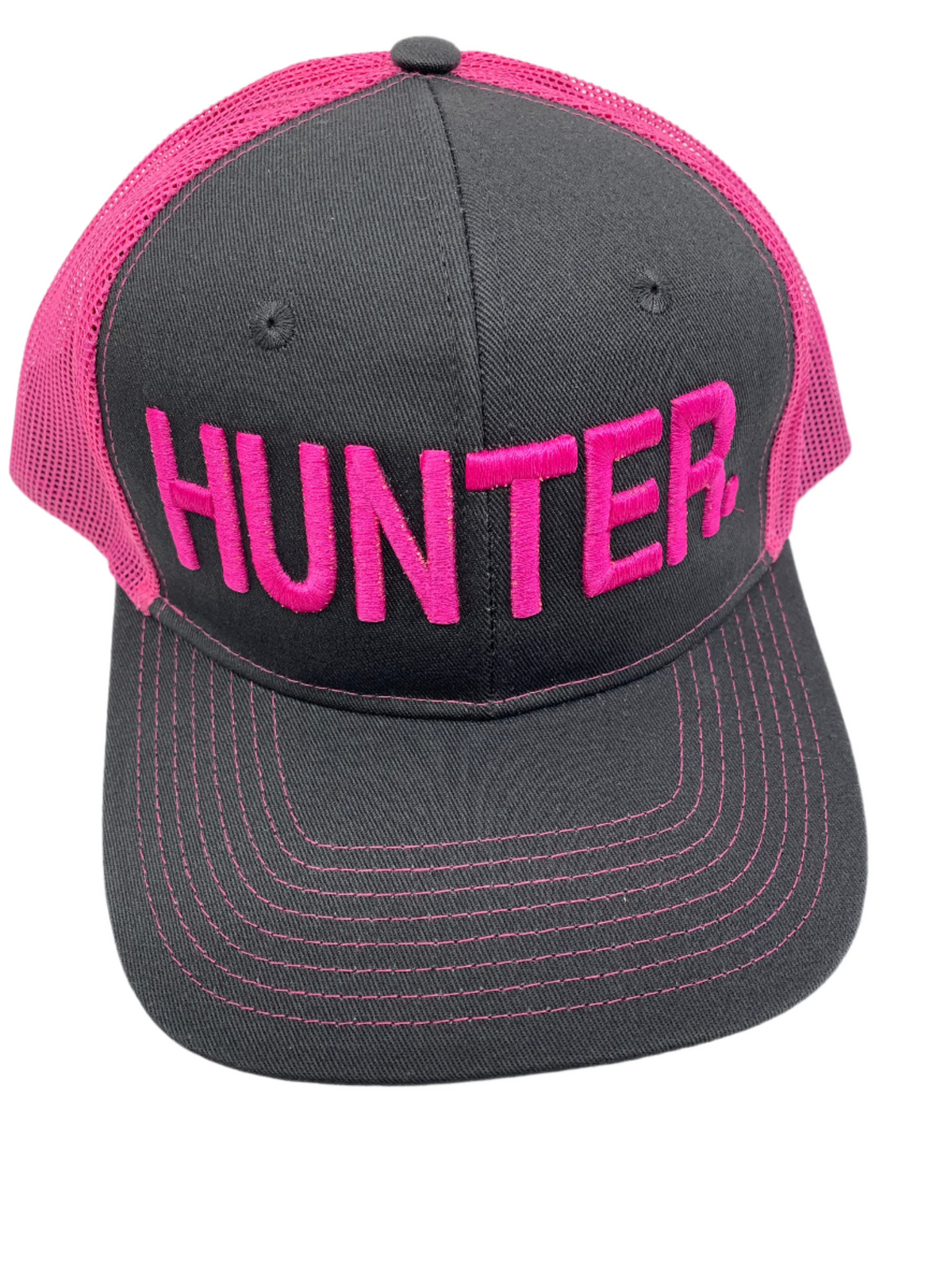 Equestrian Team Apparel Custom Team Hats Gray/Pink Trucker Cap-HUNTER. equestrian team apparel online tack store mobile tack store custom farm apparel custom show stable clothing equestrian lifestyle horse show clothing riding clothes horses equestrian tack store