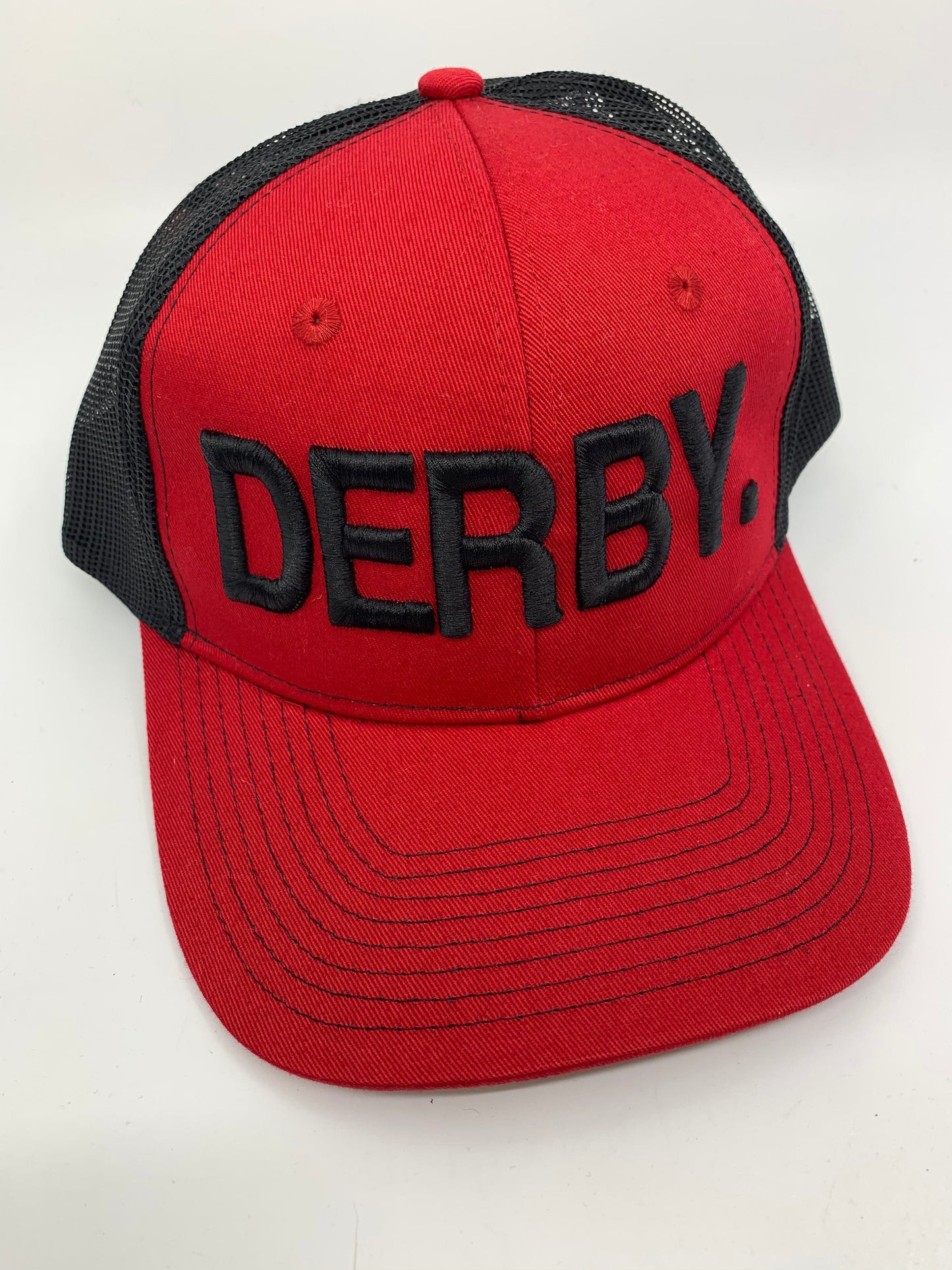 Equestrian Team Apparel Custom Team Hats Red/Black Trucker Cap-DERBY. equestrian team apparel online tack store mobile tack store custom farm apparel custom show stable clothing equestrian lifestyle horse show clothing riding clothes horses equestrian tack store