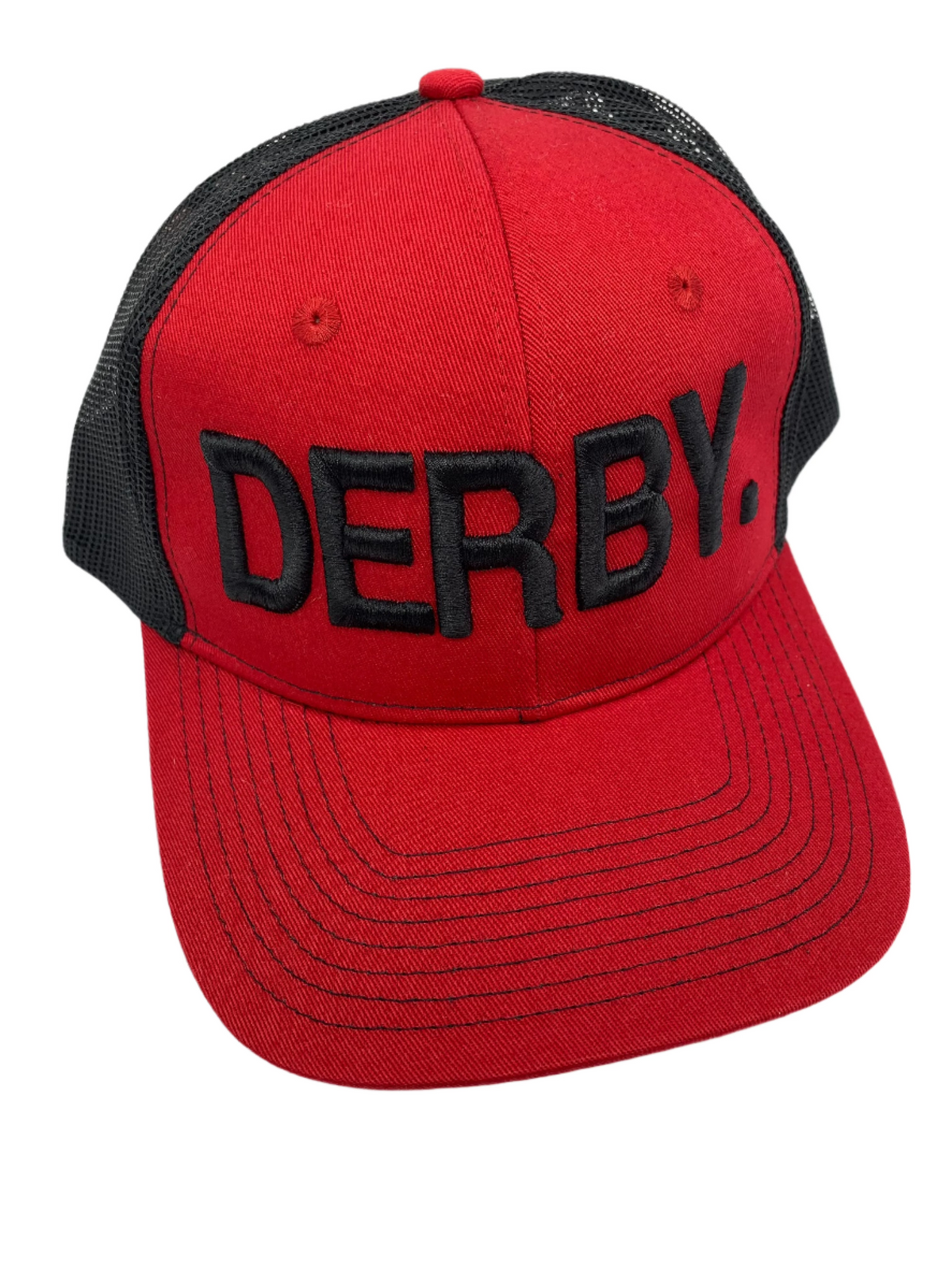 Equestrian Team Apparel Custom Team Hats Red/Black Trucker Cap-DERBY. equestrian team apparel online tack store mobile tack store custom farm apparel custom show stable clothing equestrian lifestyle horse show clothing riding clothes horses equestrian tack store