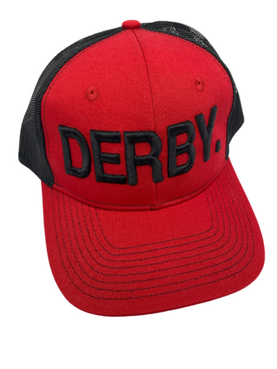Equestrian Team Apparel Custom Team Hats Red/Black Trucker Cap-DERBY. equestrian team apparel online tack store mobile tack store custom farm apparel custom show stable clothing equestrian lifestyle horse show clothing riding clothes horses equestrian tack store
