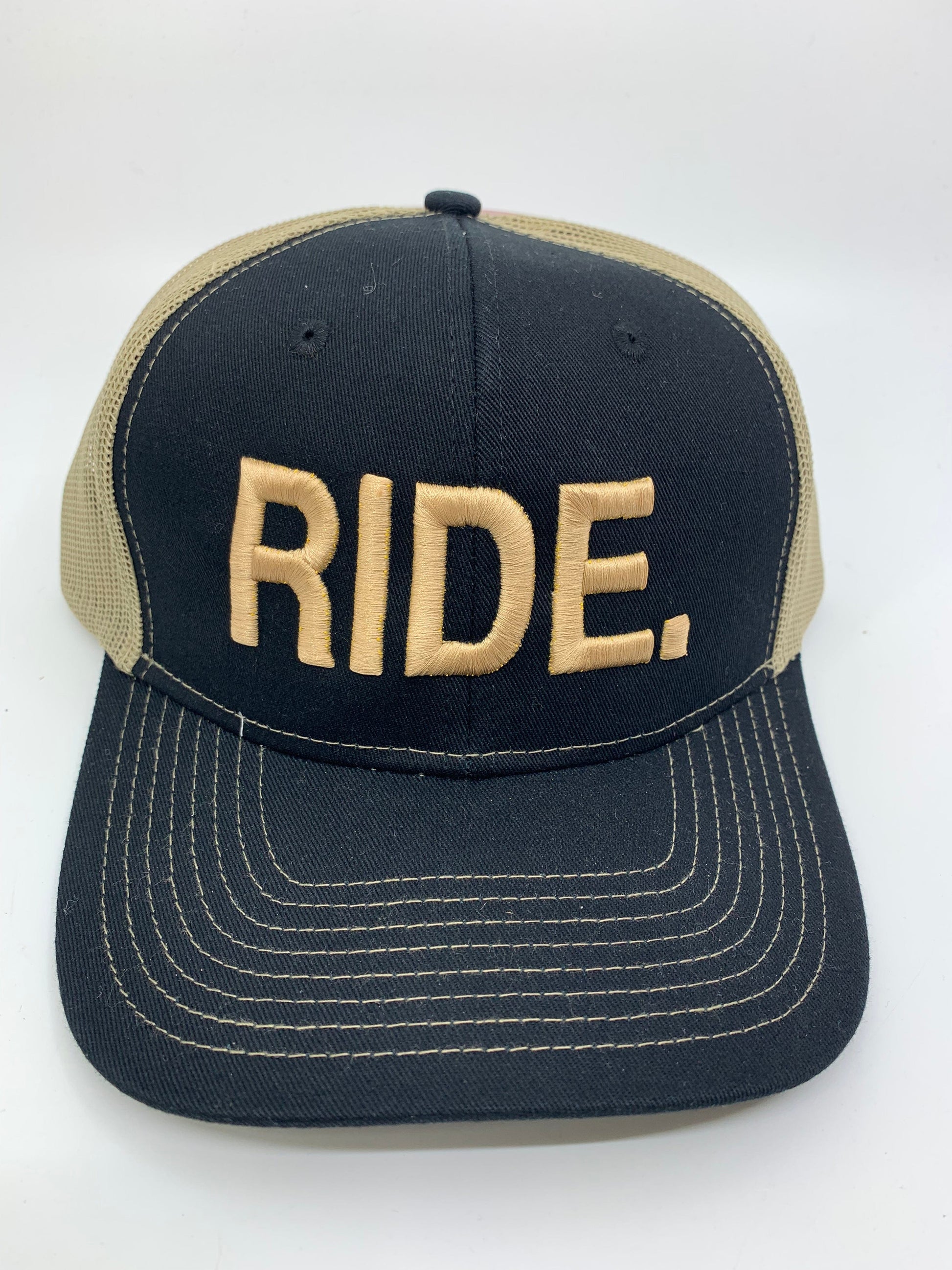 Equestrian Team Apparel Custom Team Hats Black/Khaki Trucker Cap-RIDE. equestrian team apparel online tack store mobile tack store custom farm apparel custom show stable clothing equestrian lifestyle horse show clothing riding clothes horses equestrian tack store