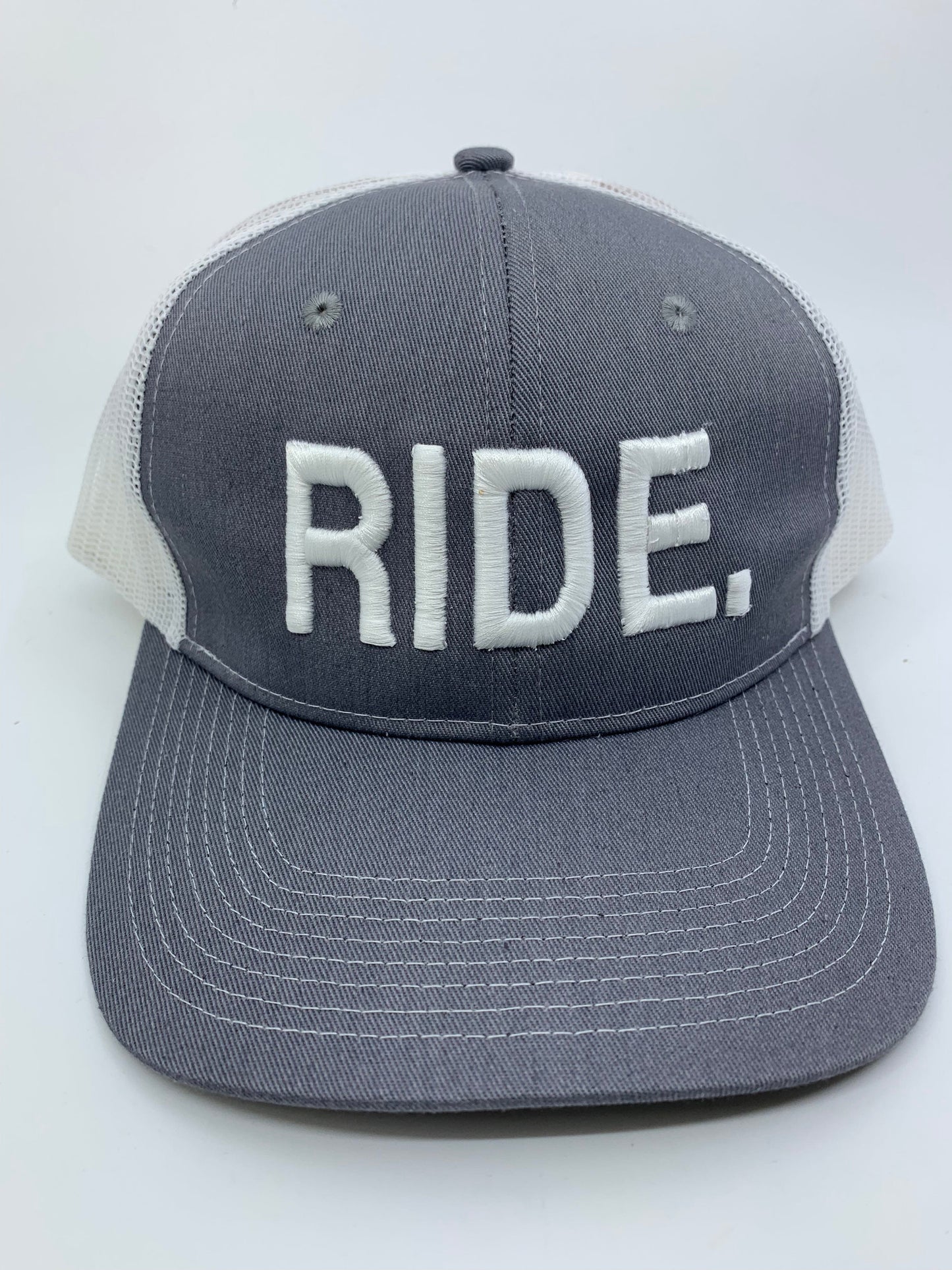 Equestrian Team Apparel Custom Team Hats Light Grey/White Trucker Cap-RIDE. equestrian team apparel online tack store mobile tack store custom farm apparel custom show stable clothing equestrian lifestyle horse show clothing riding clothes horses equestrian tack store