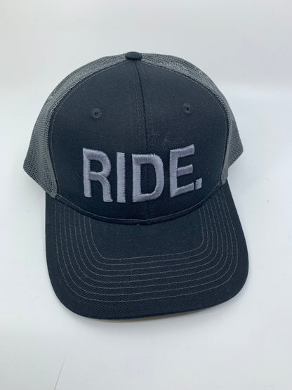 Equestrian Team Apparel Custom Team Hats Black/Grey Trucker Cap-RIDE. equestrian team apparel online tack store mobile tack store custom farm apparel custom show stable clothing equestrian lifestyle horse show clothing riding clothes horses equestrian tack store