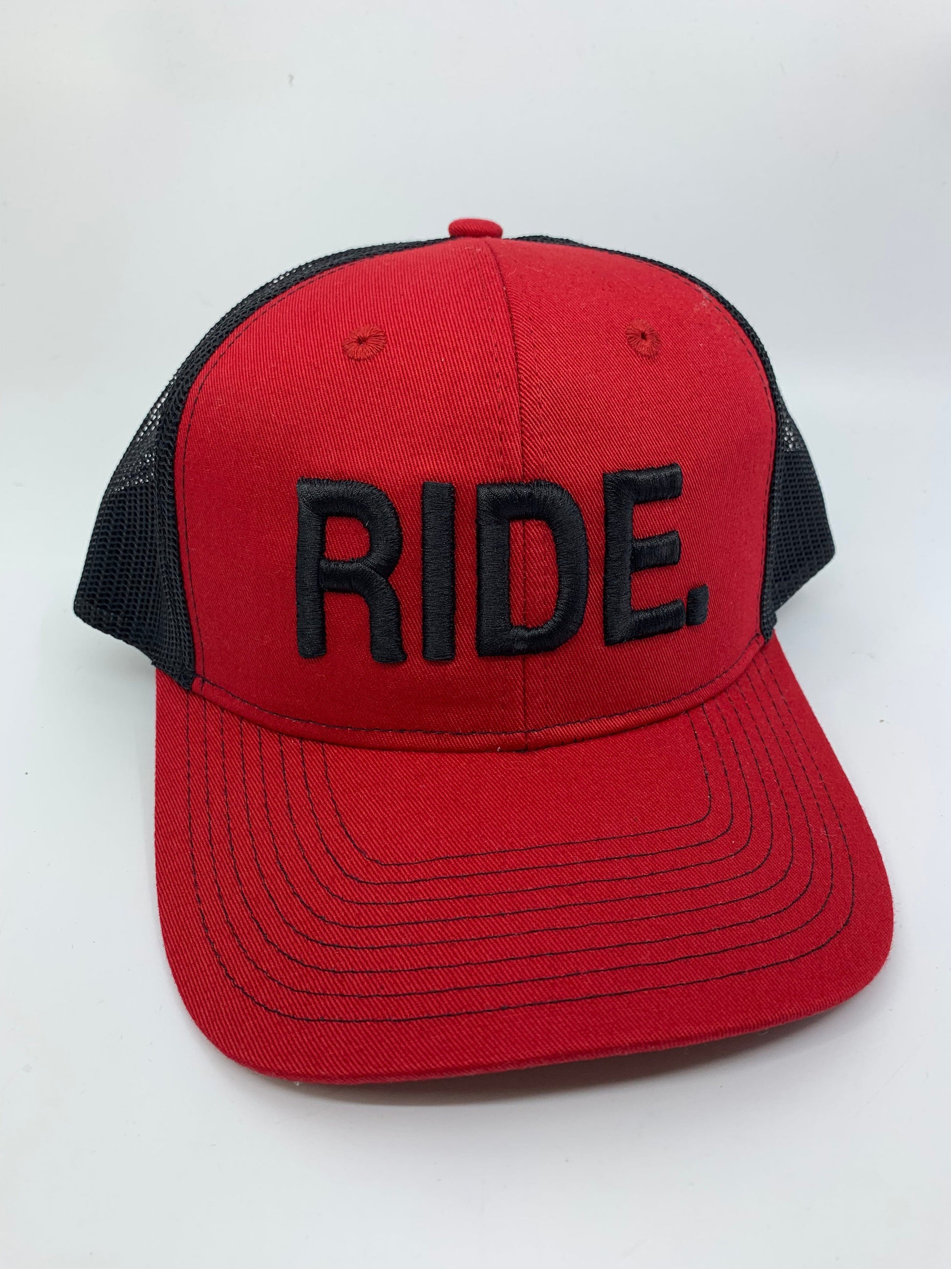 Equestrian Team Apparel Custom Team Hats Red/Black Trucker Cap-RIDE. equestrian team apparel online tack store mobile tack store custom farm apparel custom show stable clothing equestrian lifestyle horse show clothing riding clothes horses equestrian tack store