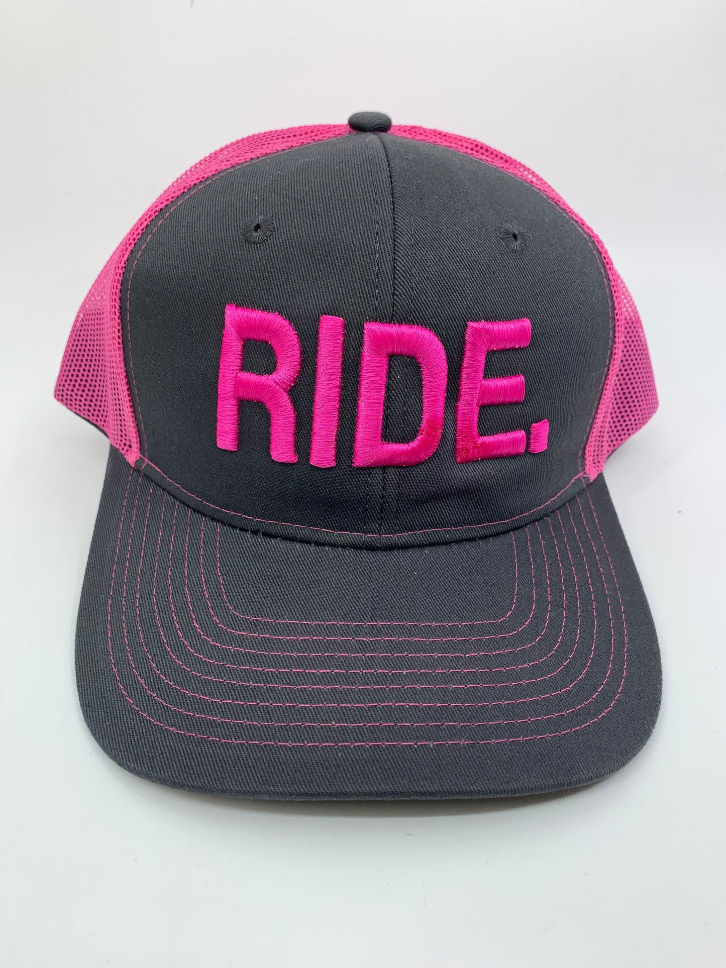 Equestrian Team Apparel Custom Team Hats Gray/Pink Trucker Cap-RIDE. equestrian team apparel online tack store mobile tack store custom farm apparel custom show stable clothing equestrian lifestyle horse show clothing riding clothes horses equestrian tack store