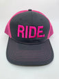 Equestrian Team Apparel Custom Team Hats Gray/Pink Trucker Cap-RIDE. equestrian team apparel online tack store mobile tack store custom farm apparel custom show stable clothing equestrian lifestyle horse show clothing riding clothes horses equestrian tack store