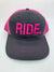 Equestrian Team Apparel Custom Team Hats Gray/Pink Trucker Cap-RIDE. equestrian team apparel online tack store mobile tack store custom farm apparel custom show stable clothing equestrian lifestyle horse show clothing riding clothes horses equestrian tack store