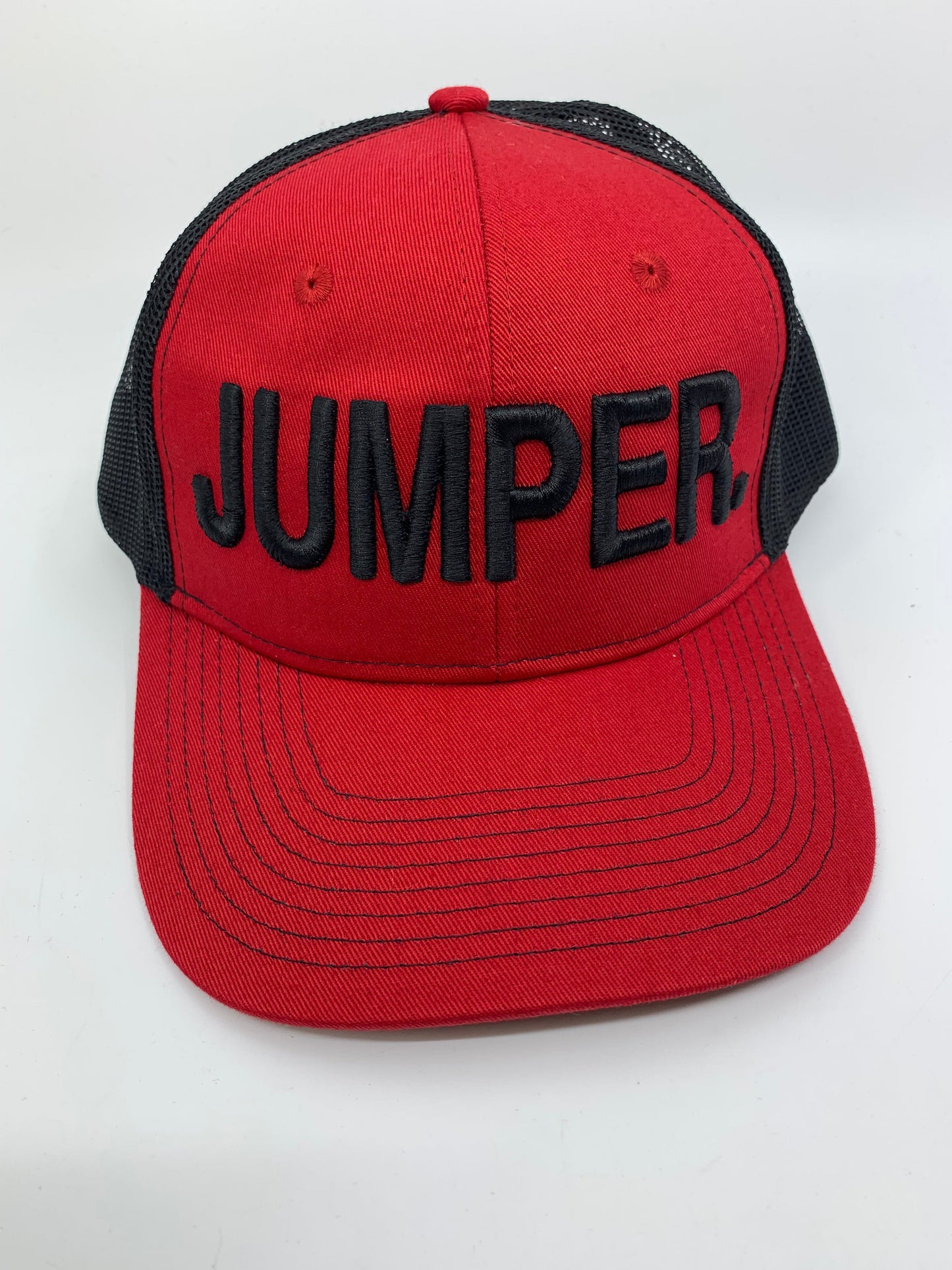 Equestrian Team Apparel Custom Team Hats Red/Black Trucker Cap-JUMPER. equestrian team apparel online tack store mobile tack store custom farm apparel custom show stable clothing equestrian lifestyle horse show clothing riding clothes horses equestrian tack store