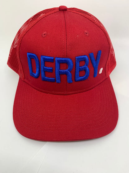 Equestrian Team Apparel Custom Team Hats Red/Blue/White Trucker Cap-DERBY. equestrian team apparel online tack store mobile tack store custom farm apparel custom show stable clothing equestrian lifestyle horse show clothing riding clothes horses equestrian tack store