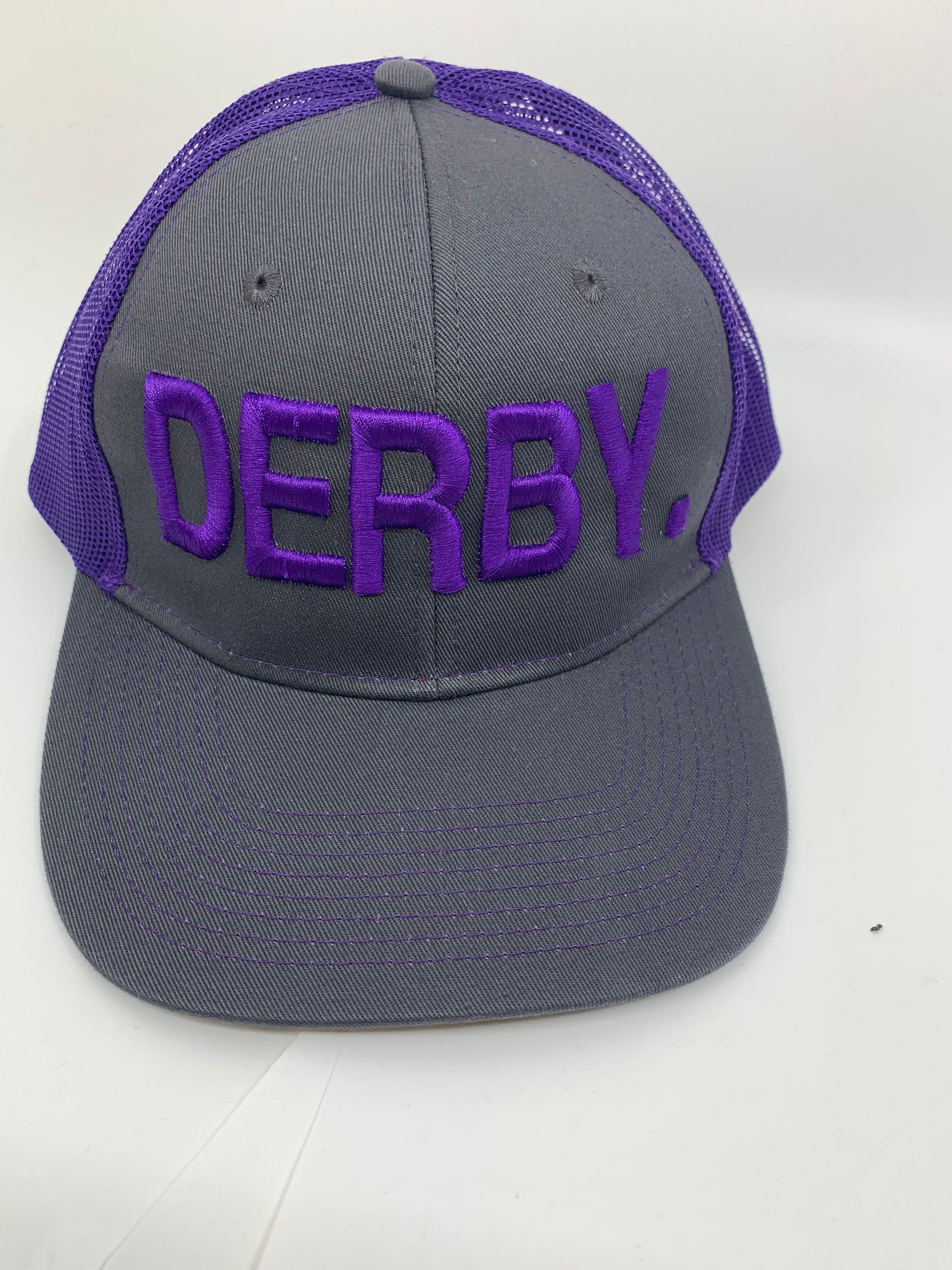 Equestrian Team Apparel Custom Team Hats Purple/Gray Trucker Cap-DERBY. equestrian team apparel online tack store mobile tack store custom farm apparel custom show stable clothing equestrian lifestyle horse show clothing riding clothes horses equestrian tack store