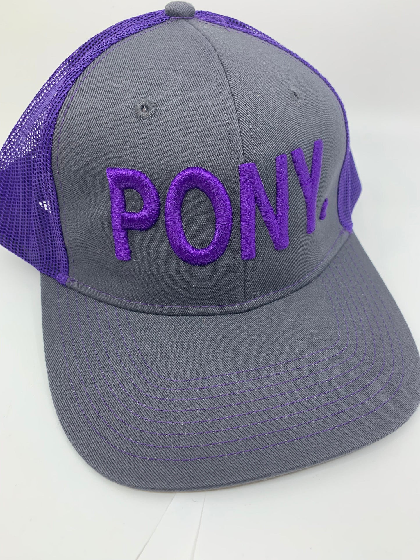 Equestrian Team Apparel Custom Team Hats Purple/Gray Trucker Cap-PONY. equestrian team apparel online tack store mobile tack store custom farm apparel custom show stable clothing equestrian lifestyle horse show clothing riding clothes horses equestrian tack store