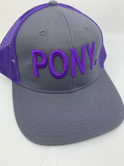 Equestrian Team Apparel Custom Team Hats Purple/Gray Trucker Cap-PONY. equestrian team apparel online tack store mobile tack store custom farm apparel custom show stable clothing equestrian lifestyle horse show clothing riding clothes horses equestrian tack store