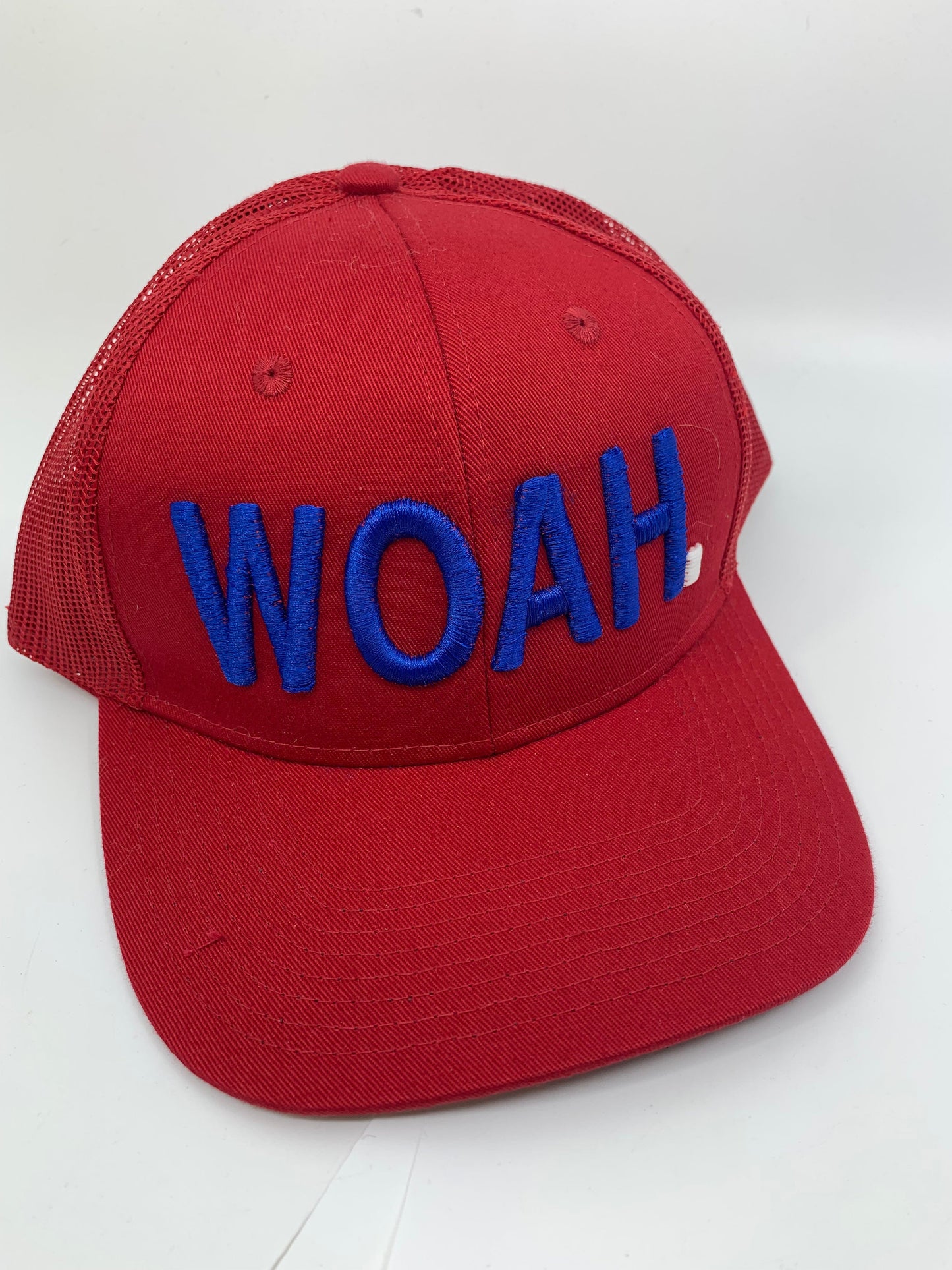 Equestrian Team Apparel Custom Team Hats Red/Blue/White Trucker Cap-WOAH. equestrian team apparel online tack store mobile tack store custom farm apparel custom show stable clothing equestrian lifestyle horse show clothing riding clothes horses equestrian tack store