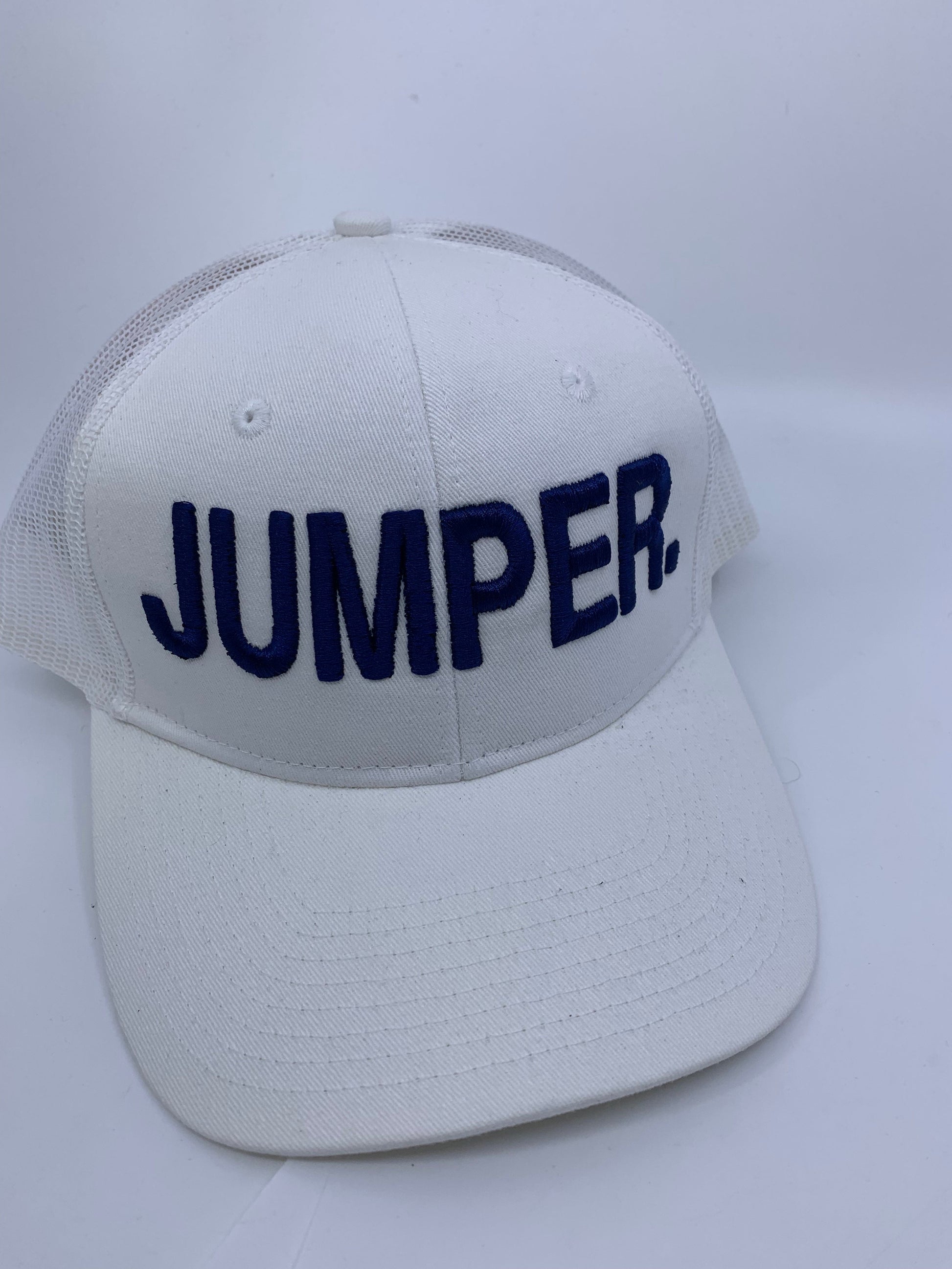 Equestrian Team Apparel Custom Team Hats White/Navy Trucker Cap-JUMPER. equestrian team apparel online tack store mobile tack store custom farm apparel custom show stable clothing equestrian lifestyle horse show clothing riding clothes horses equestrian tack store