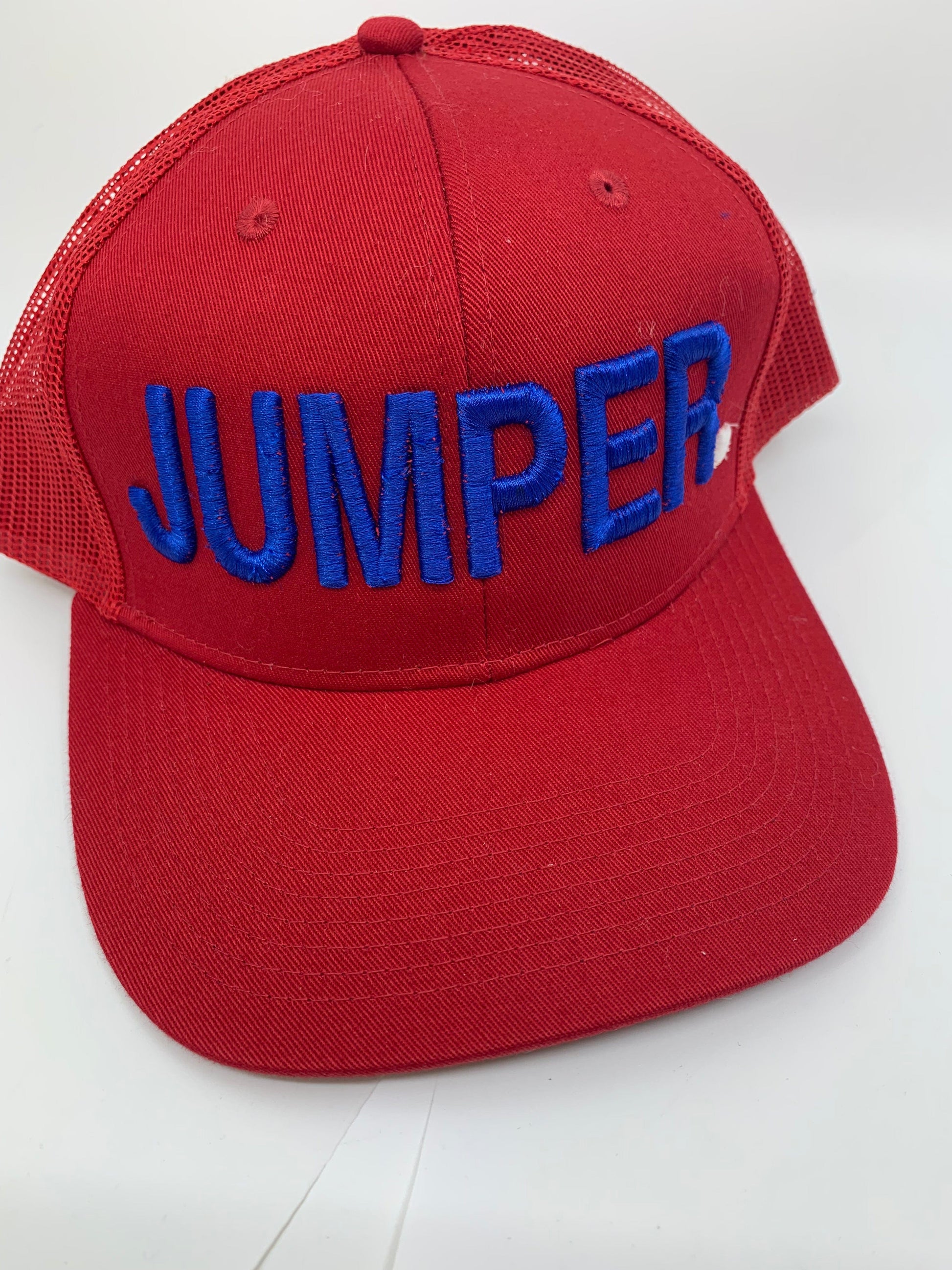 Equestrian Team Apparel Custom Team Hats Red/Blue/White Trucker Cap-JUMPER. equestrian team apparel online tack store mobile tack store custom farm apparel custom show stable clothing equestrian lifestyle horse show clothing riding clothes horses equestrian tack store