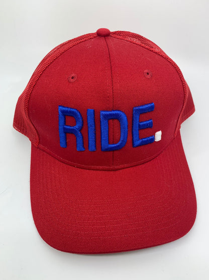 Equestrian Team Apparel Custom Team Hats Red/Blue/White Trucker Cap-RIDE. equestrian team apparel online tack store mobile tack store custom farm apparel custom show stable clothing equestrian lifestyle horse show clothing riding clothes horses equestrian tack store