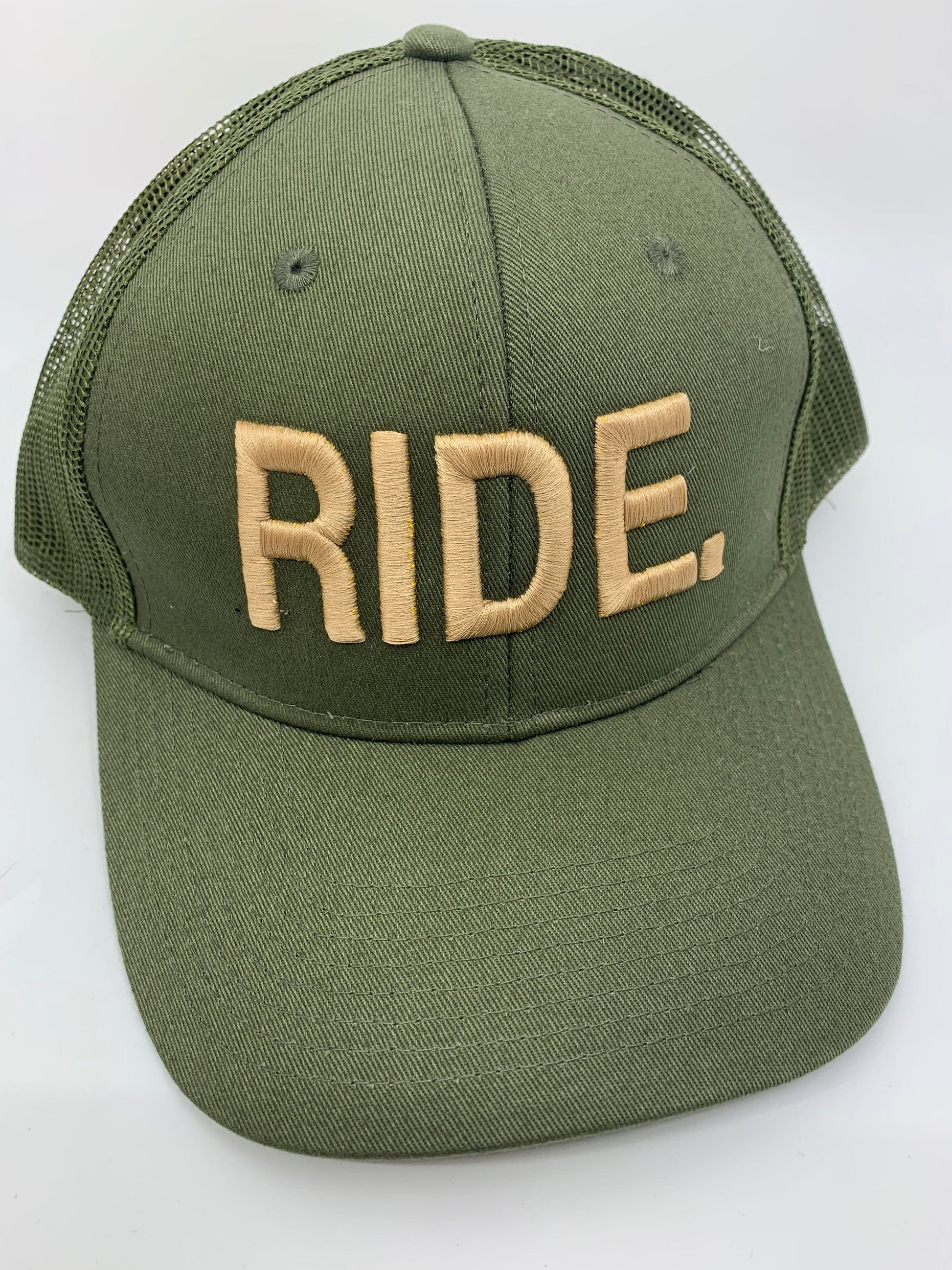 Equestrian Team Apparel Custom Team Hats Olive/Tan Trucker Cap-RIDE. equestrian team apparel online tack store mobile tack store custom farm apparel custom show stable clothing equestrian lifestyle horse show clothing riding clothes horses equestrian tack store